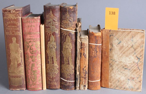 9 Vols, incl: HOMES OF THE NEW WORLD, 1854.: [Revolutionary War/1812/Miscellany]. 7 Titles (9 Vols), 1 signed. ++ J. T. Headley. The Illustrated Life Of Washington. Wash: G. & F. Bill, 1859. Good, covers mildly warped. Tape reps to folding map. 