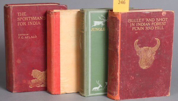 4 Books, incl: BULLET AND SHOT IN INDIAN FOREST.: [Sporting/Southern Asia]. 4 Titles. ++ C. E. M. Russell. Bullet And Shot In Indian Forest, Plain And Hill. Lon: W. Thacker and Co., 1900. Thick 8vo. Maroon cloth. Rebacked, spine laid down, endpapers 
