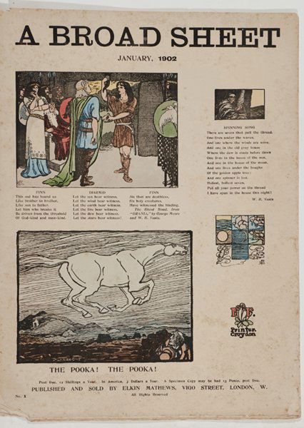 A BROAD SHEET. 12 Issues (1-12), w/ orig woodcuts.: [Yeats, Jack B., and Pamela Colman Smith]. A Broad Sheet. 12 Issues: Nos. 1 – 12, January – December 1902. London: Elkin Mathews. Folio, each sheet 20 x 15 inches, printed by Farncombe & Son, Croy