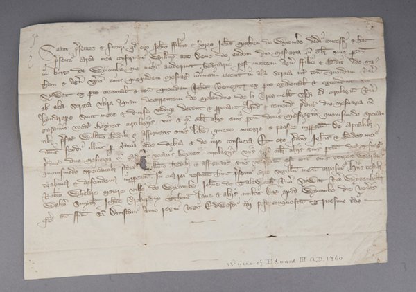 Land grant, Wycombe, Bucks, 1359-1360.: [Land Grant]. Contract granting 2 messuages of land in Wycombe Bucks from John Matthau of Wycombe to William atte Done. Witnessed by Robert Whelare, Mayor of Wycombe; John de Taleworth; John Brokepenn