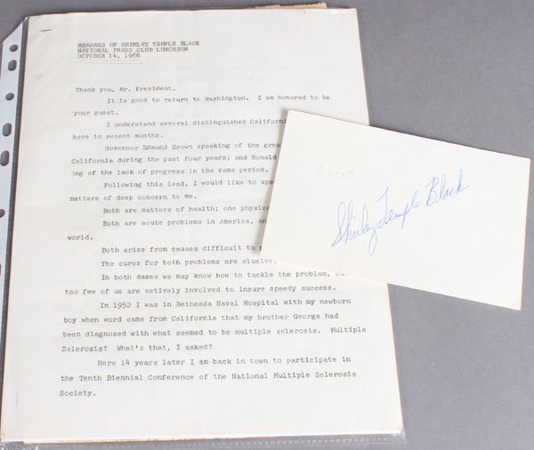 2 Items, incl signature of "Shirley Temple Black": [Temple, Shirley]. 2 Items from the Estate of Sally Warren Steele. ++ Signature on the blank verso of a portion of a notecard used at an event at the National Press Club. Signature reads “Shirley Te