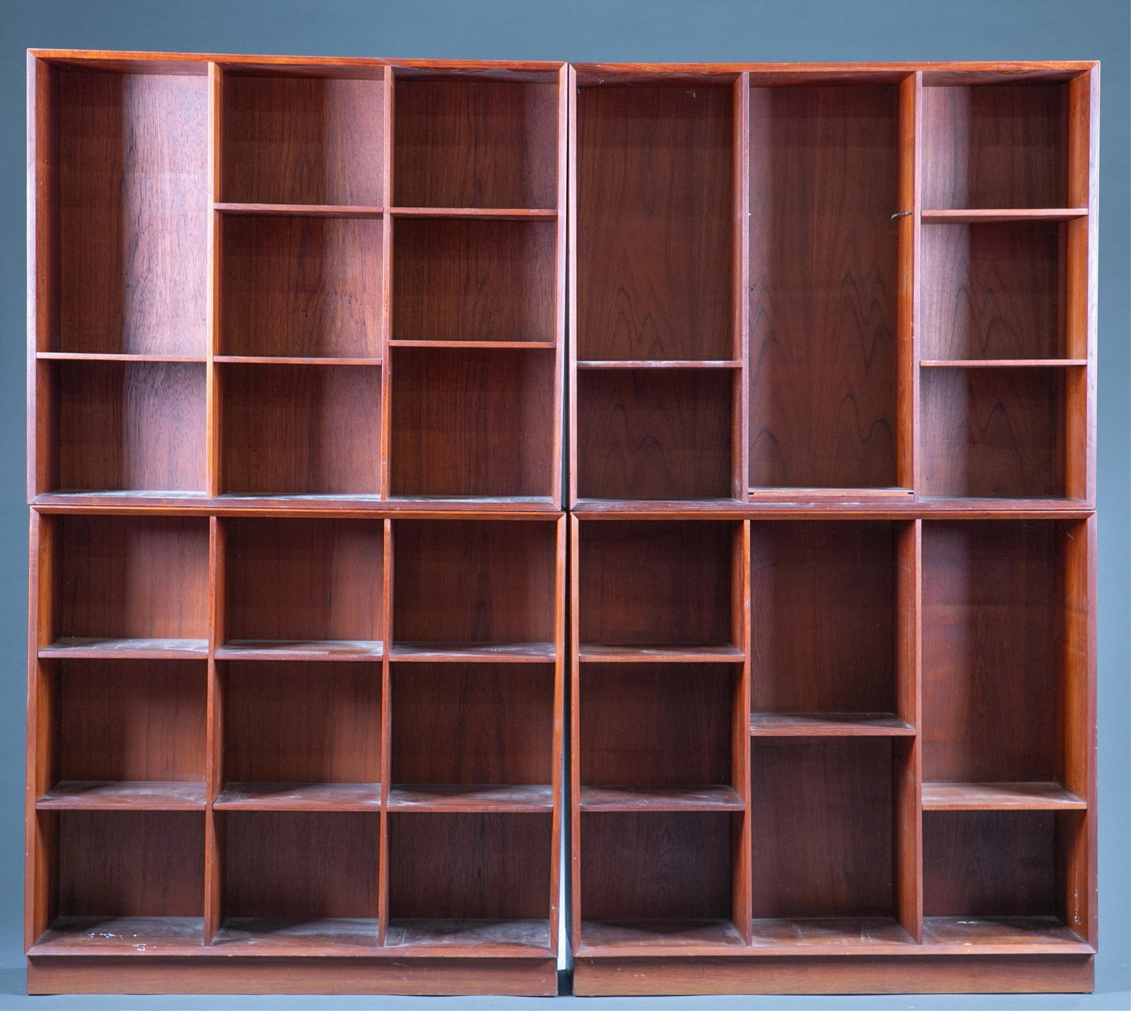 10 Danish Modern Illums Bolighus bookcases.: A group of ten Danish Modern Illums Bolighus teak bookcases. One with paper label on reverse. Six 30" x 35 .1/2" x 10 3/4" and four 32" x 35 .1/2" x 10 3/4".