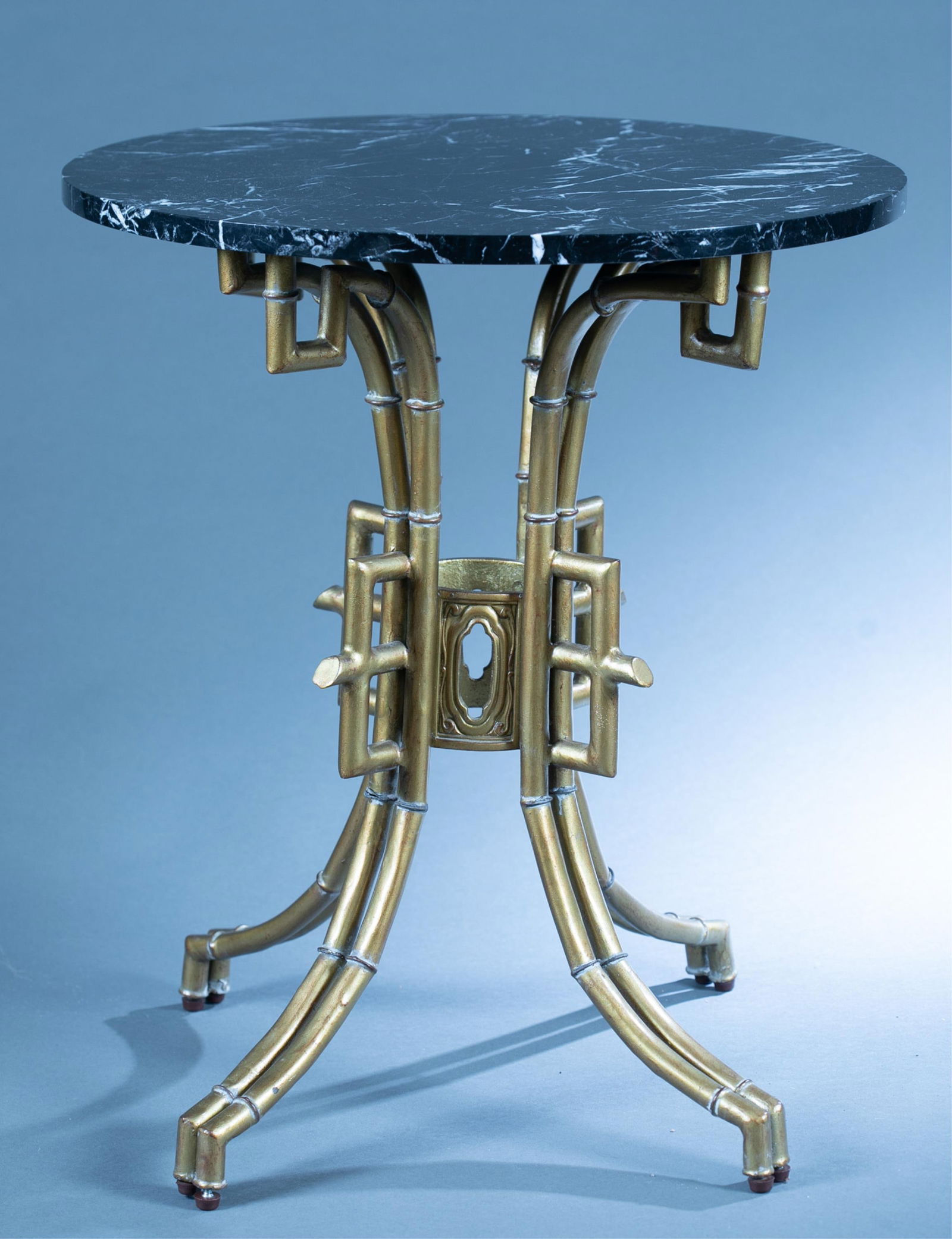 Hollywood Regency La Barge side table.: A Hollywood Regency La Barge faux bamboo brass marble topped side table. Label on underside of marble. 25 1/2' x 22"