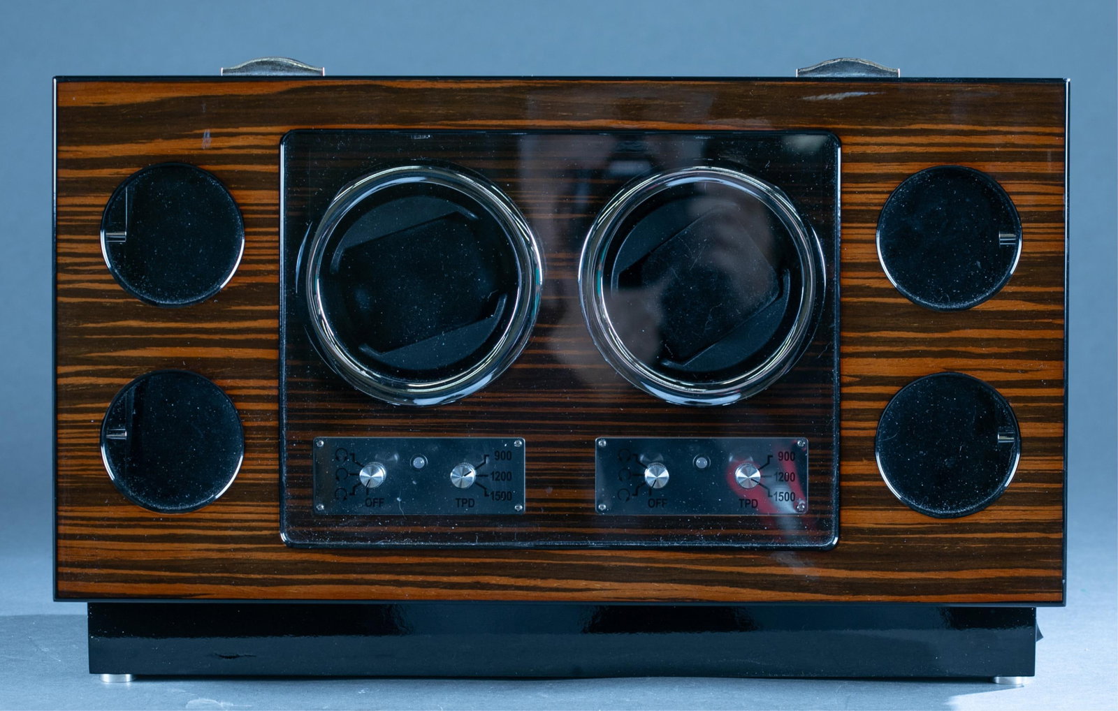 Bey Berk ebony burlwood 2 watch winder: A Bey Berk ebony burlwood two watch winder and storage. 8" x 17 3/4" x 10 3/4"Condition: Turns on. Untested.