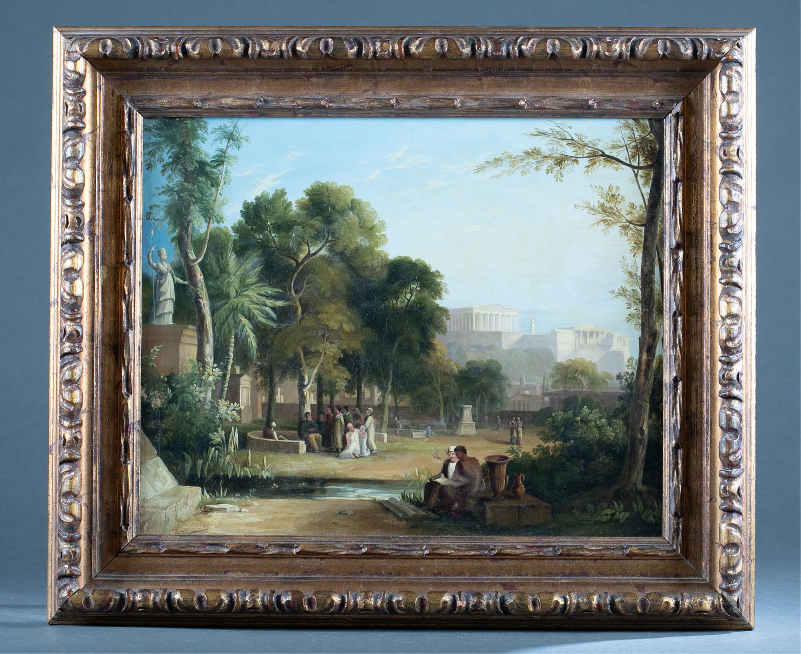Classical landscape, O/C: A Classical landscape with Ancient Greek architecture. Oil on canvas. Unsigned. Sight: 13 1/2" x 16 3/4" Frame:19" x 22 1/2".
