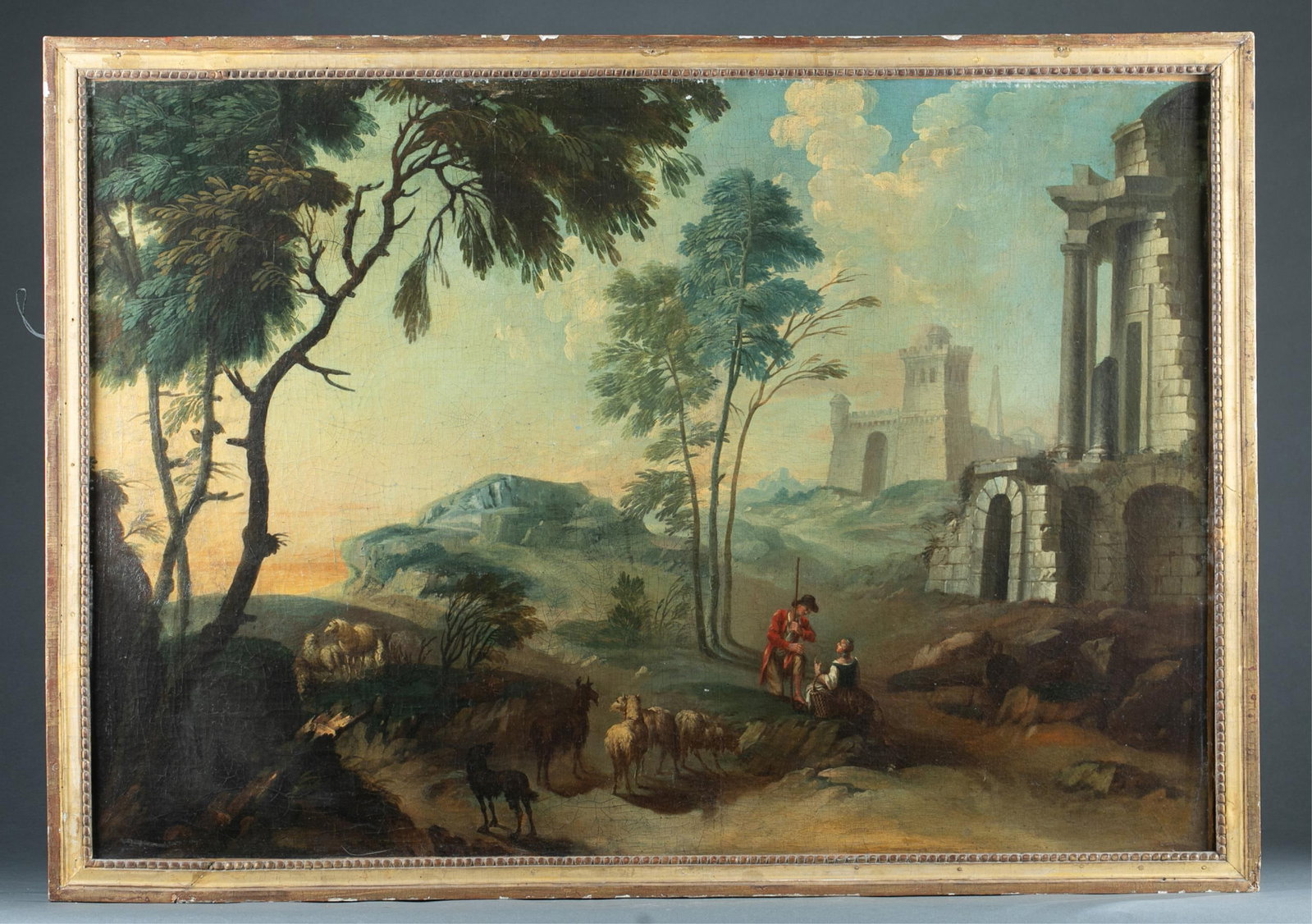 Classical landscape, O/C: A French Baroque style classical landscape with ancient ruins. Oil on canvas. Unsigned. Sight: 28" x 40 1/2" Frame: 31" x 43 1/2".Condition: craquelure, some scuffing near edges, paint chipped u.c.