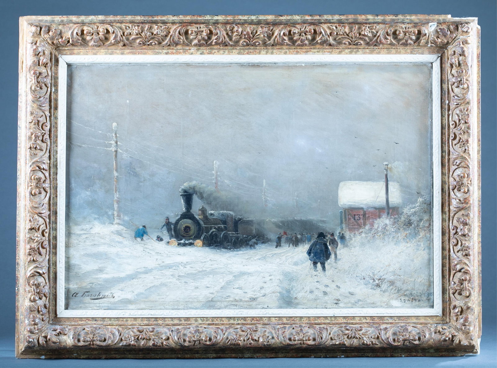 Russian winter landscape, O/C, 1880.: A winter landscape depicting a train stuck in the snow. Oil on canvas. 1880. Signed in Cyrillic l.l. and inscribed and dated l.r. Stamped "Vielle M De Couleurs , Paris" canvas on verso. C. G. Sloan's 