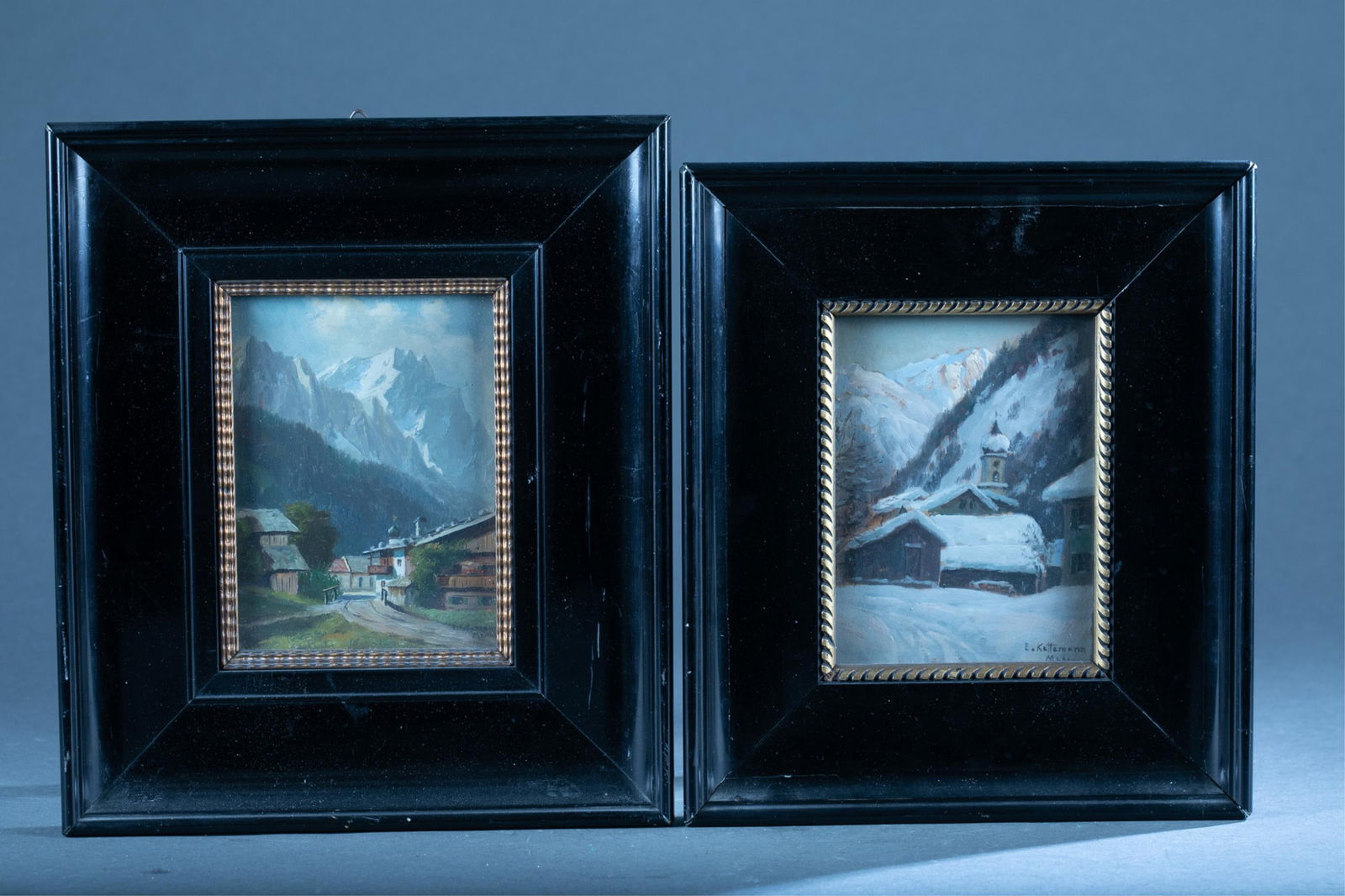 2 Erwin Kettermann mountain landscapes.: A group of two Erwin Kettemann (German, 1897-1971) mountain landscapes. One showing a winter scene, the other a springtime scene. Oil on panel. 20th century. Signed l.r. Sight: 6" x 4 1/2" Frame: 11"