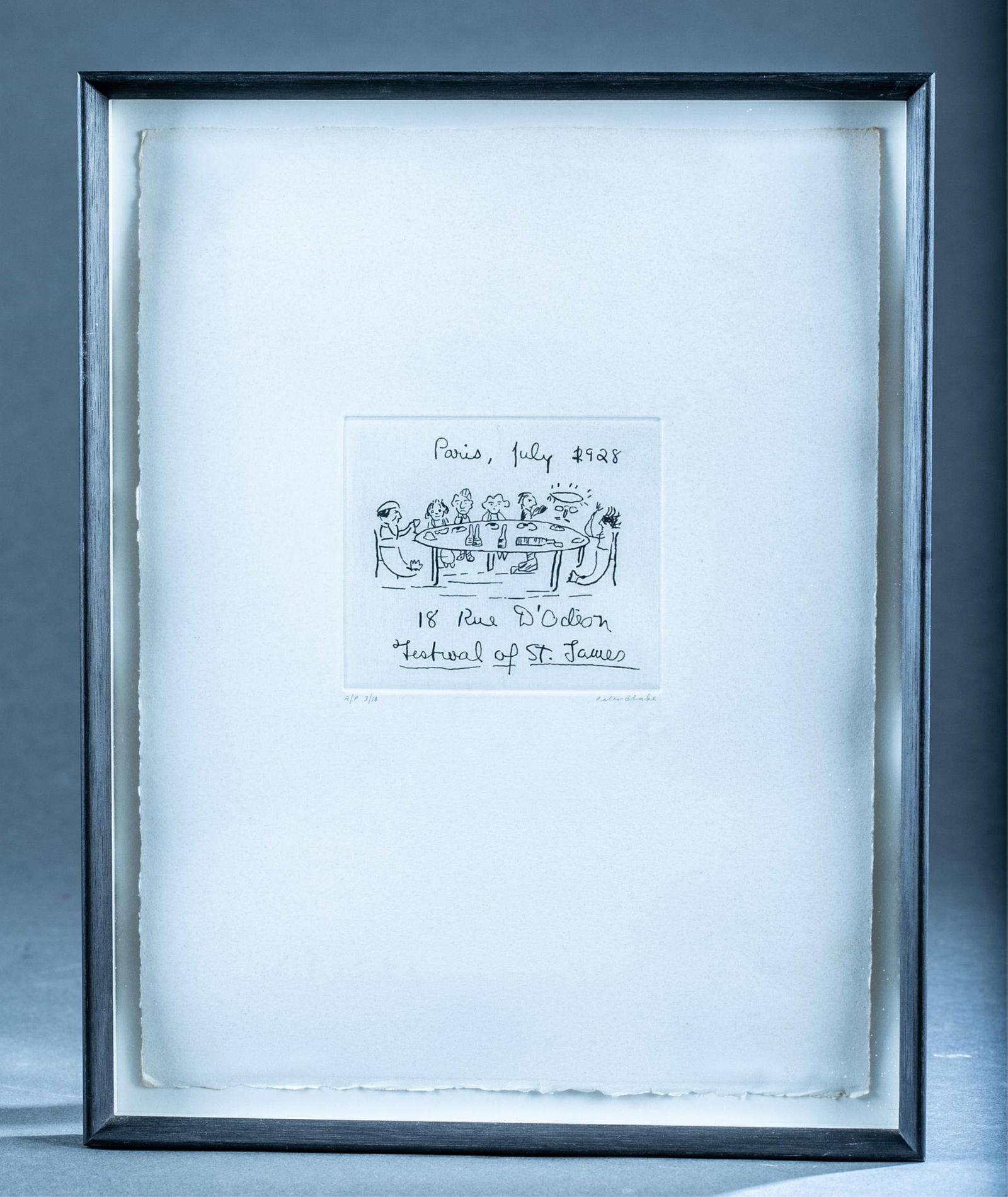 Peter Blake, "James Joyce In Paris" Etching: Blake, Peter (English b. 1932) From the suite "James Joyce In Paris." Etching of cartoon by F. Scott Fitzgerald by Peter Blake. Signed lower right. Editioned A/P, 3/18, lower left. All in pencil. Plat
