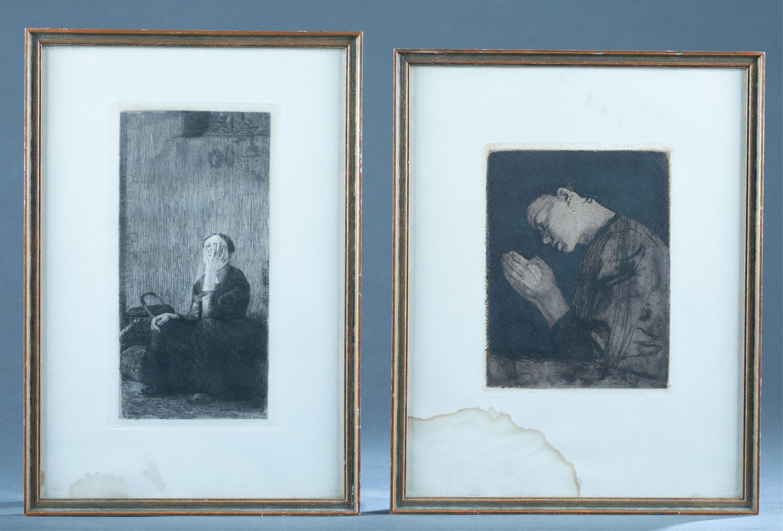 After Kathe Kollwitz, 2 Etchings, 20th c.: After Kollowitz, Kathe (German 1867 - 1945). 2 etching re-strikes, publisher blind stamp in l.r. corner. ++ "An der Kirchenmauer/ By the Church Wall". Etching on wove paper. Plate: 5 1/4" x 10". Frame