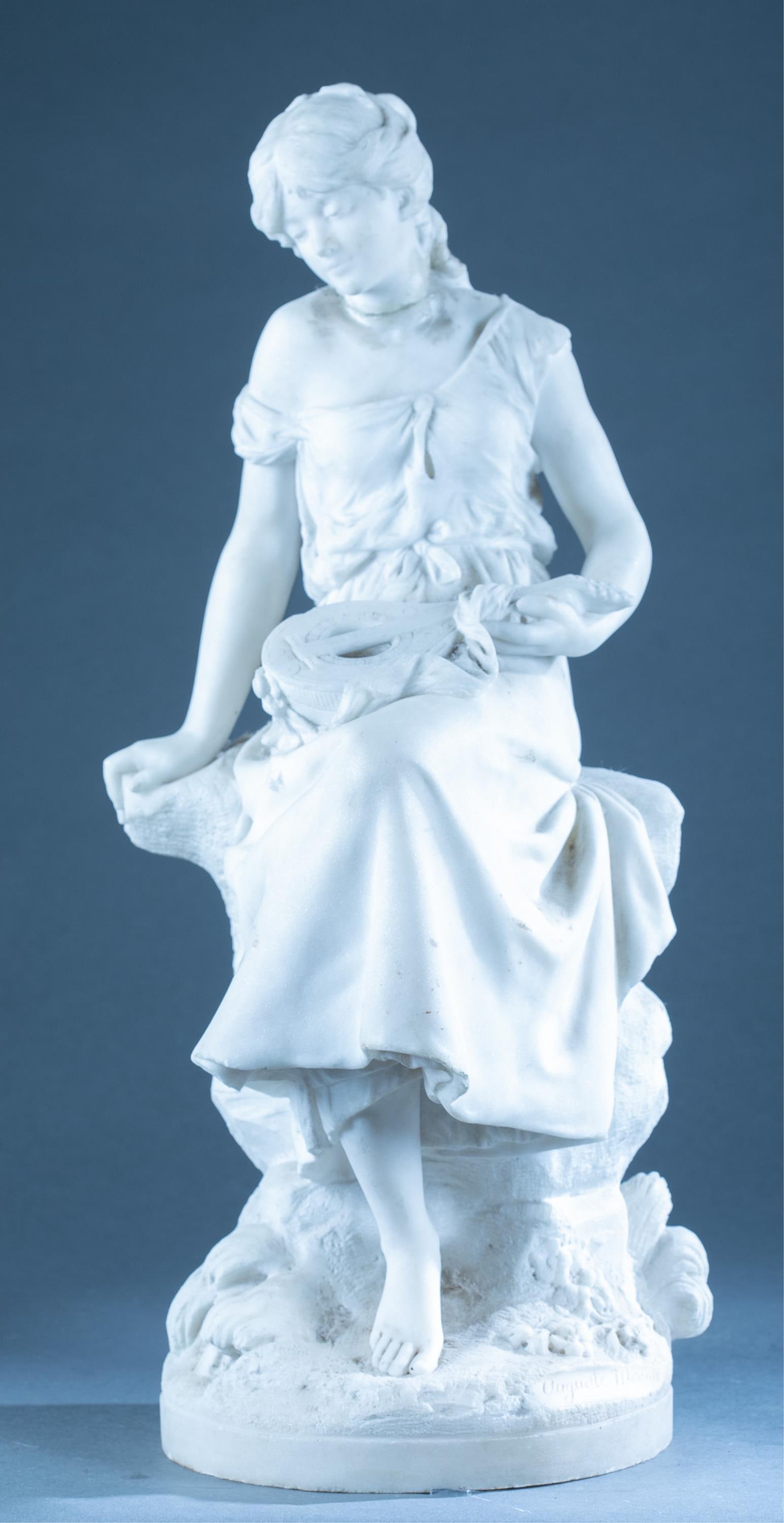 After Moreau, Woman with mandolin, sculpture.: After Auguste Moreau (French, 1834-1917). Marble sculpture of woman sitting with her legs crossed and holding a mandolin in her lap. Signed on base. 23" x 12".Condition: Repaired break to neck, residu