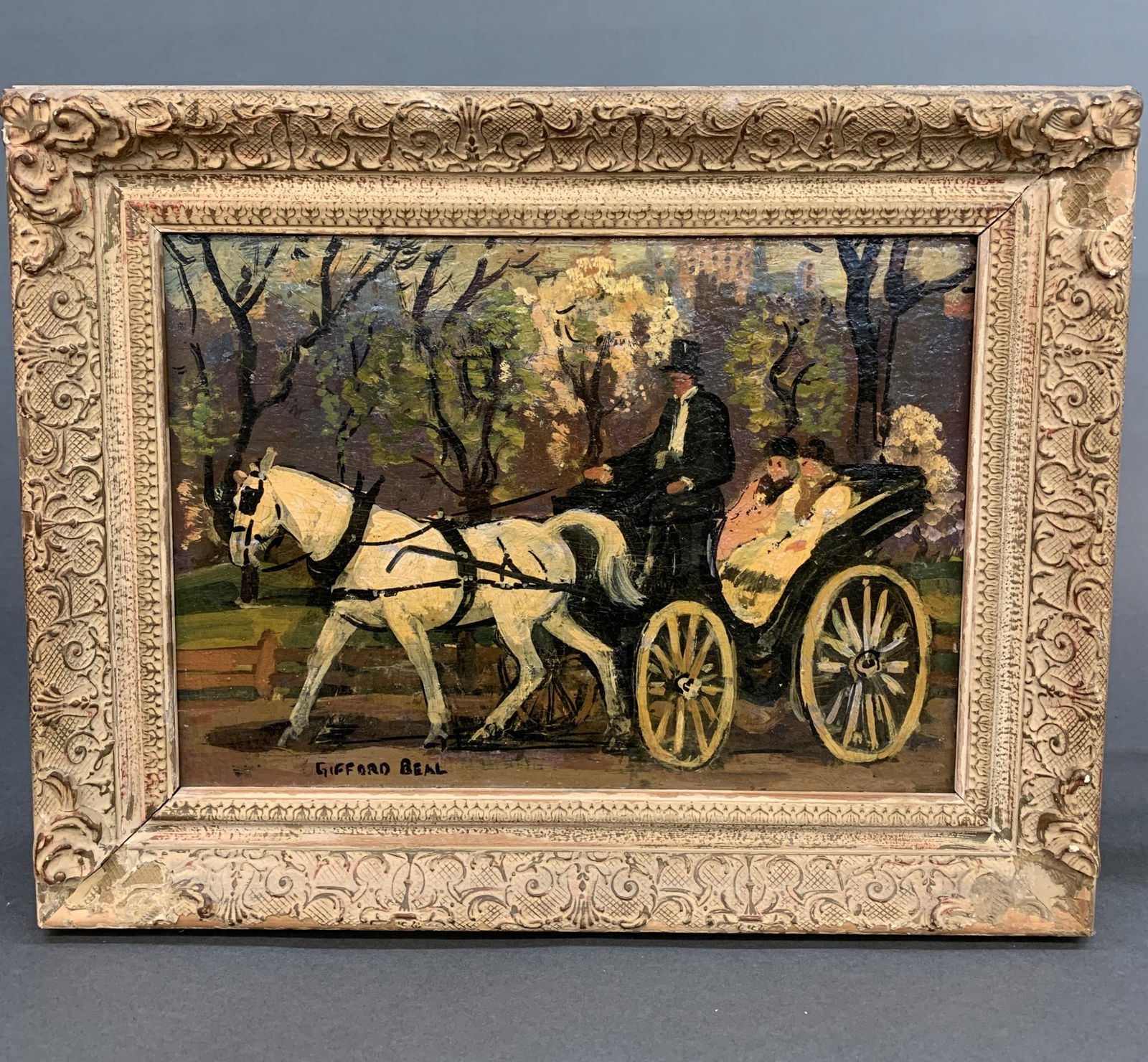 Gifford Beal, "Spring Central," O/B.: Beal, Gifford (American, 1879-1956) "Spring Central." Horse and carriage traveling through Central Park, NYC. Oil on board. Signed l.l. Signed and titled on verso. Sight: 9 3/4" x 13 1/2" Frame: 14 3/