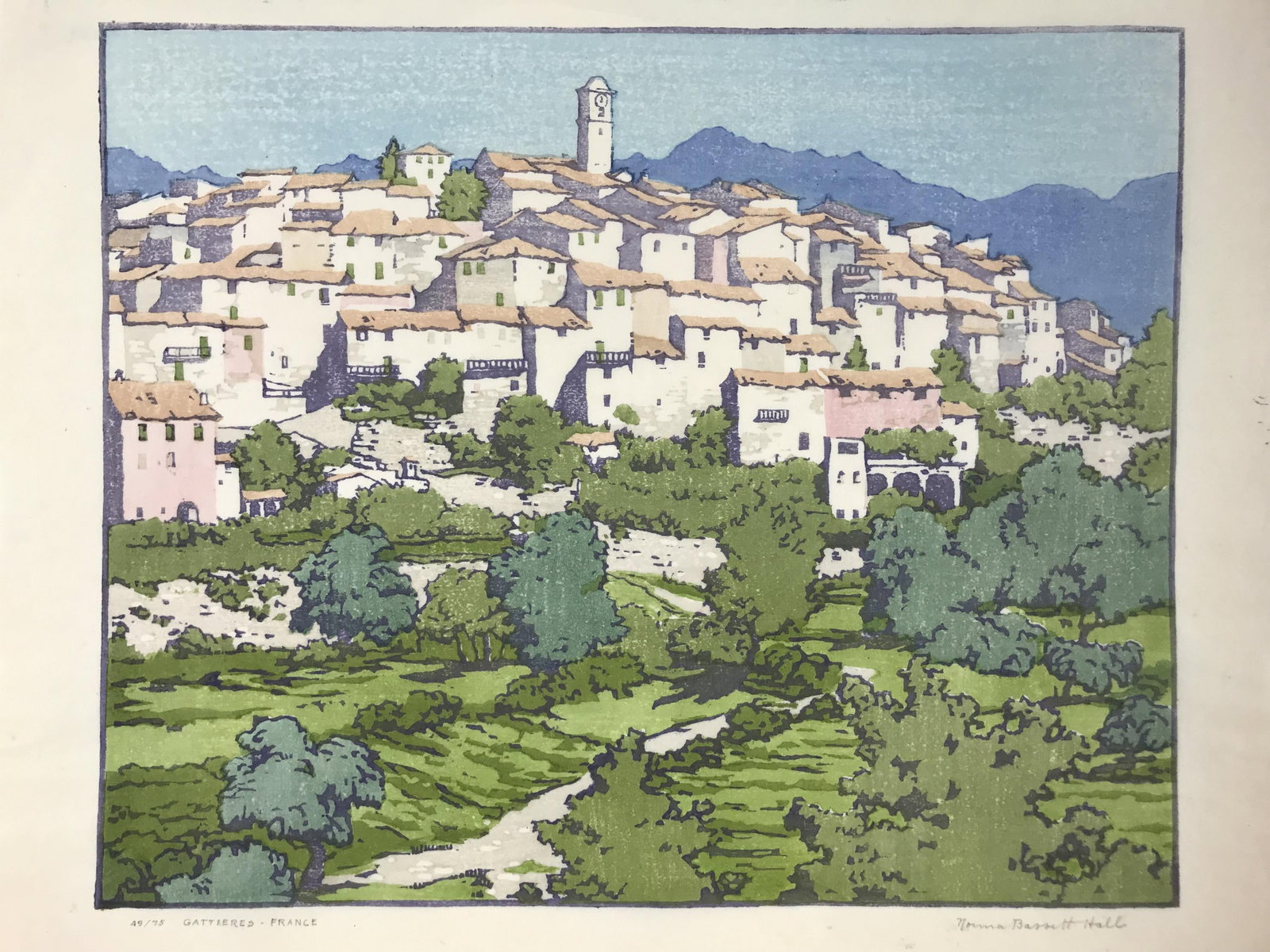 Norma Bassett-Hall, "Gattieres, France", c.1940: Bassett-Hall, Norma (American 1889 - 1957). "Gattieres, France". c.1940s. Woodblock print in colors on Japanese paper. Signed in pencil in l.r. Titled, and editioned in pencil in 49/75. Plate: 11" x 9