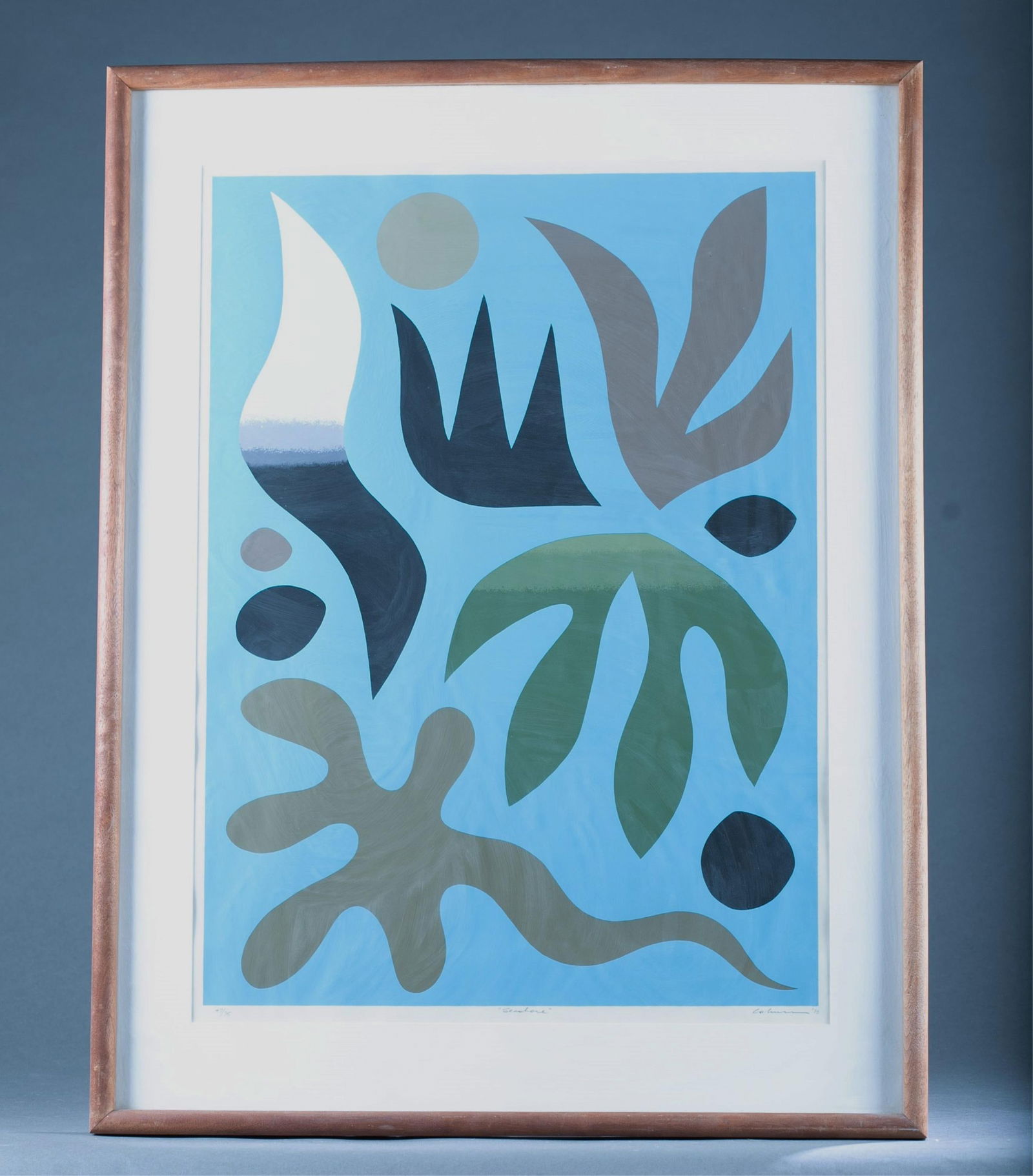 John Coburn, "Seashore", 1973, Silkscreen.: Coburn, John (Australian 1925-2006). "Seashore". 1973. Silkscreen. Signed, dated, titled, and editioned in pencil. 47/75. Framed and matted. Frame: 26" x 34Condition: Sight very good. Not examined out