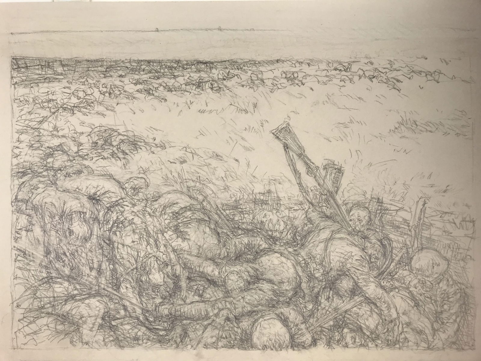 Kerry Eby, "They Hunt No More", c.1918, Graphite: Eby, Kerr (American 1889 - 1946). "They Hunt No More". c.1918. Graphite on card. Unsigned. Sheet: 19" x 12 1/4".Condition: Very good. Toning throughout. Tipped on to matting.
