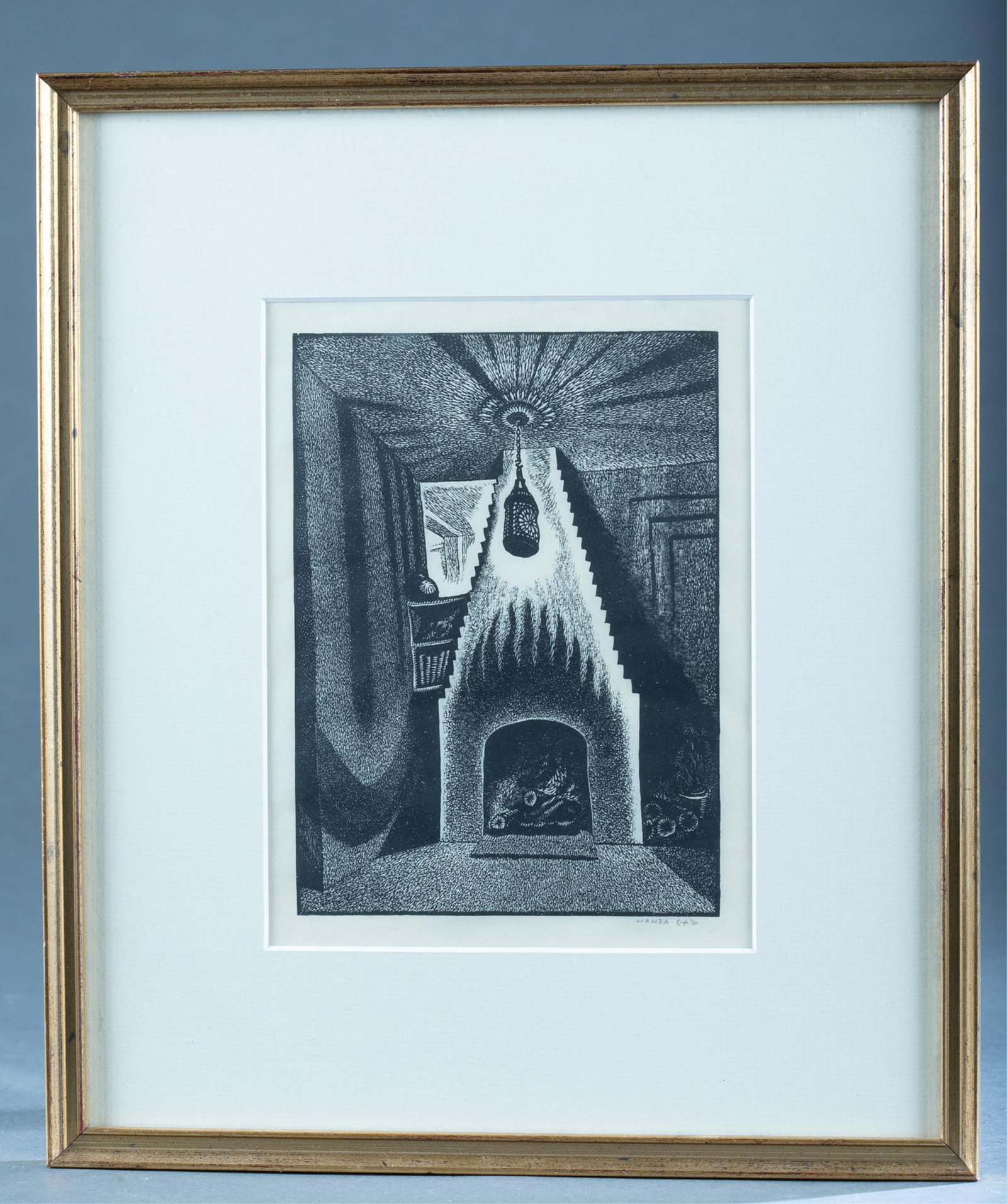 Wanda Gag, "Lantern and Fireplace", 1931-1932: Gag, Wanda (American 1893 - 1946). "Lantern and Fireplace". 1931-1932. Wood engraving on maple. 3rd and final state. Signed in pencil in l.r. Edition of 200. Plate: 5 1/4" x 7 1/4". Frame: 12" x 14".