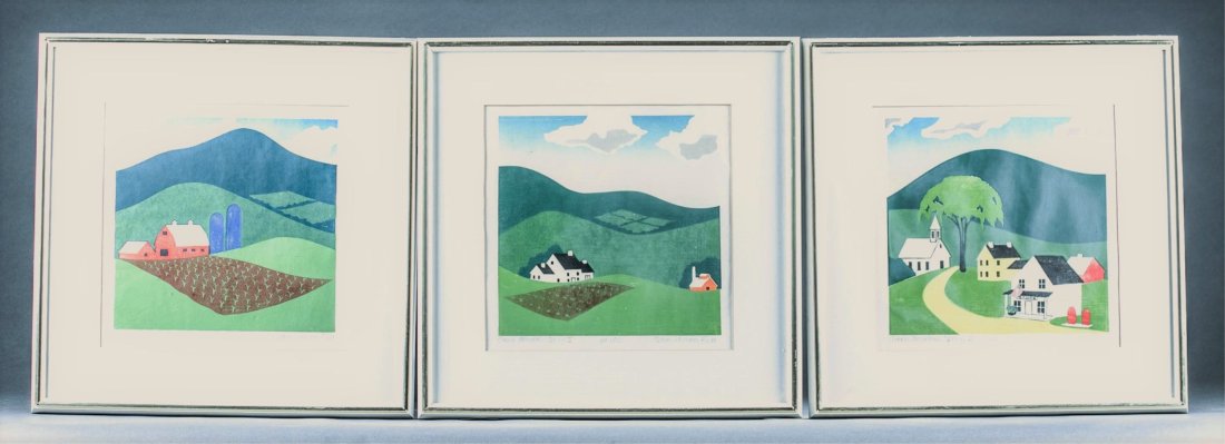 Sabra Johnson Field, "Green Mountain Spring I-III": Johnson Field, Sabra (American b. 1935) Three color linocut prints. Green Mountain Spring I, II and III. Each titled lower left. Edition center, 100. Signed lower right. All matted and framed. Plate s
