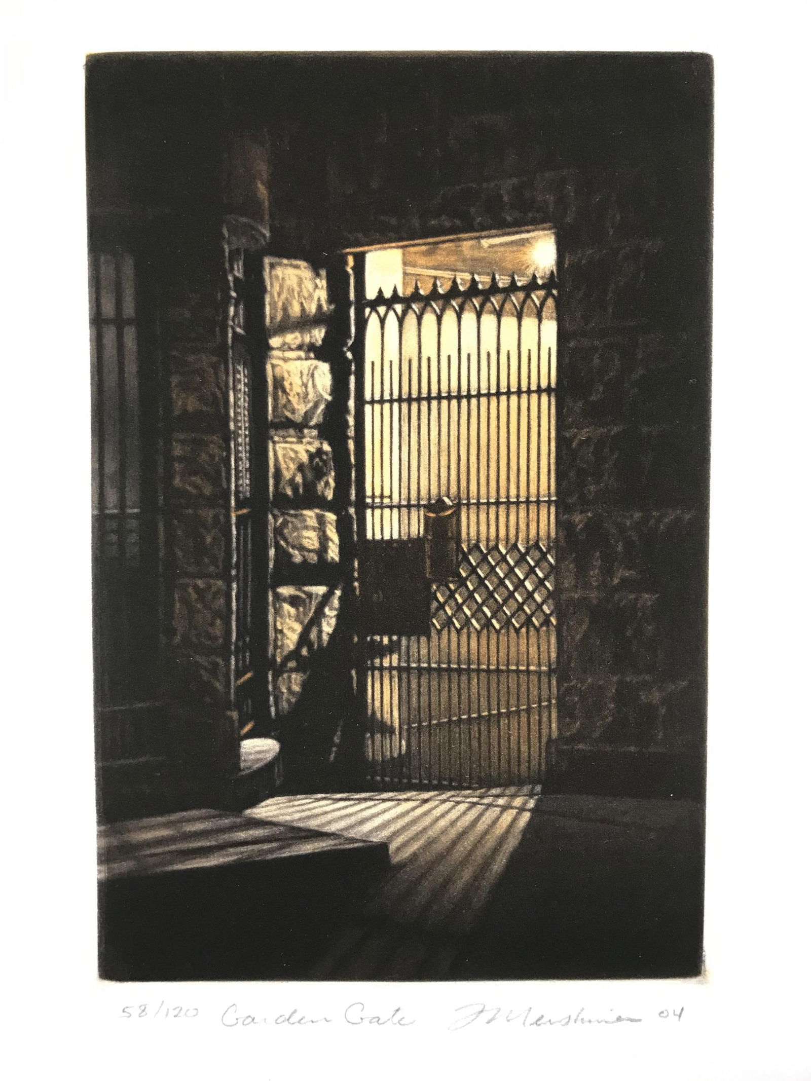 Frederick Mershimer, "Garden Gate", 2004: Mershimer, Frederick (American b.1958). "Garden Gate". Mezzotint. Signed, titled, editioned in pencil at lower margin. 58/120. Plate: 4 1/4" x 6 3/4". Sheet: 9 3/4" x 12 1/4".Condition: Near fine. Tip
