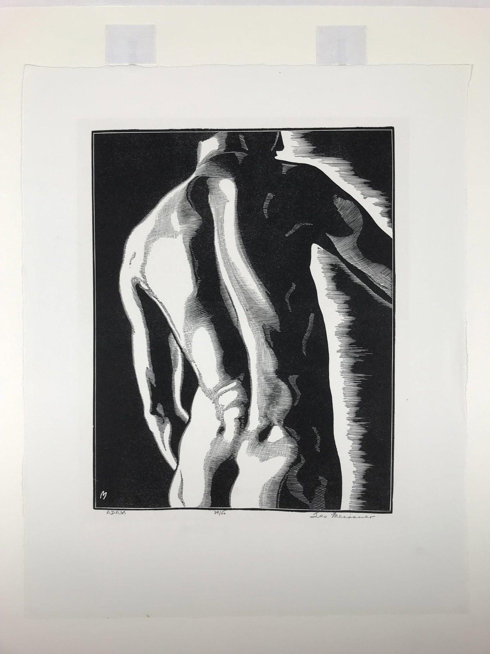 Leo Meissner. Adam. 1930. Woodcut.: Meissner, Leo (American 1895-1977) Adam. 1930. Woodcut. Signed l.r. Titled l.l. Editioned center, 39/50. All in pencil. Artist monogram in plate, l.l. Image size: 8" x 10" Sheet size: 11 1/2" x 14 1/4