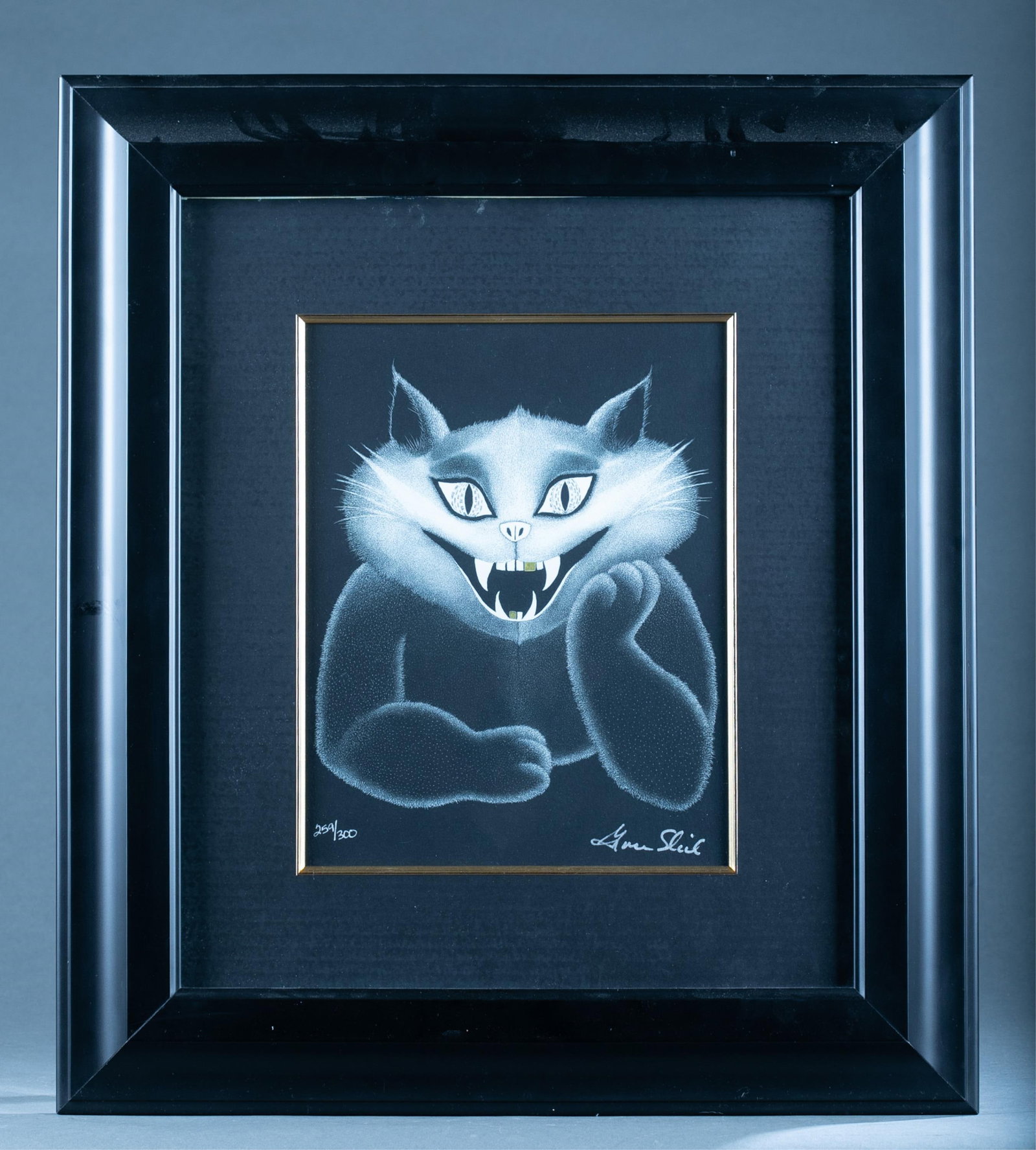Grace Slick, 2 Alice in Wonderland Prints, 20th c.: Slick, Grace (American b.1939). ++ "Cheshire Cat". 20th c. Digital Print. Signed and editioned in marker at lower margin. 259/300. Sight: 10 3/4" x 14". Frame: 23" x 26". ++ "White Rabbit Remembering