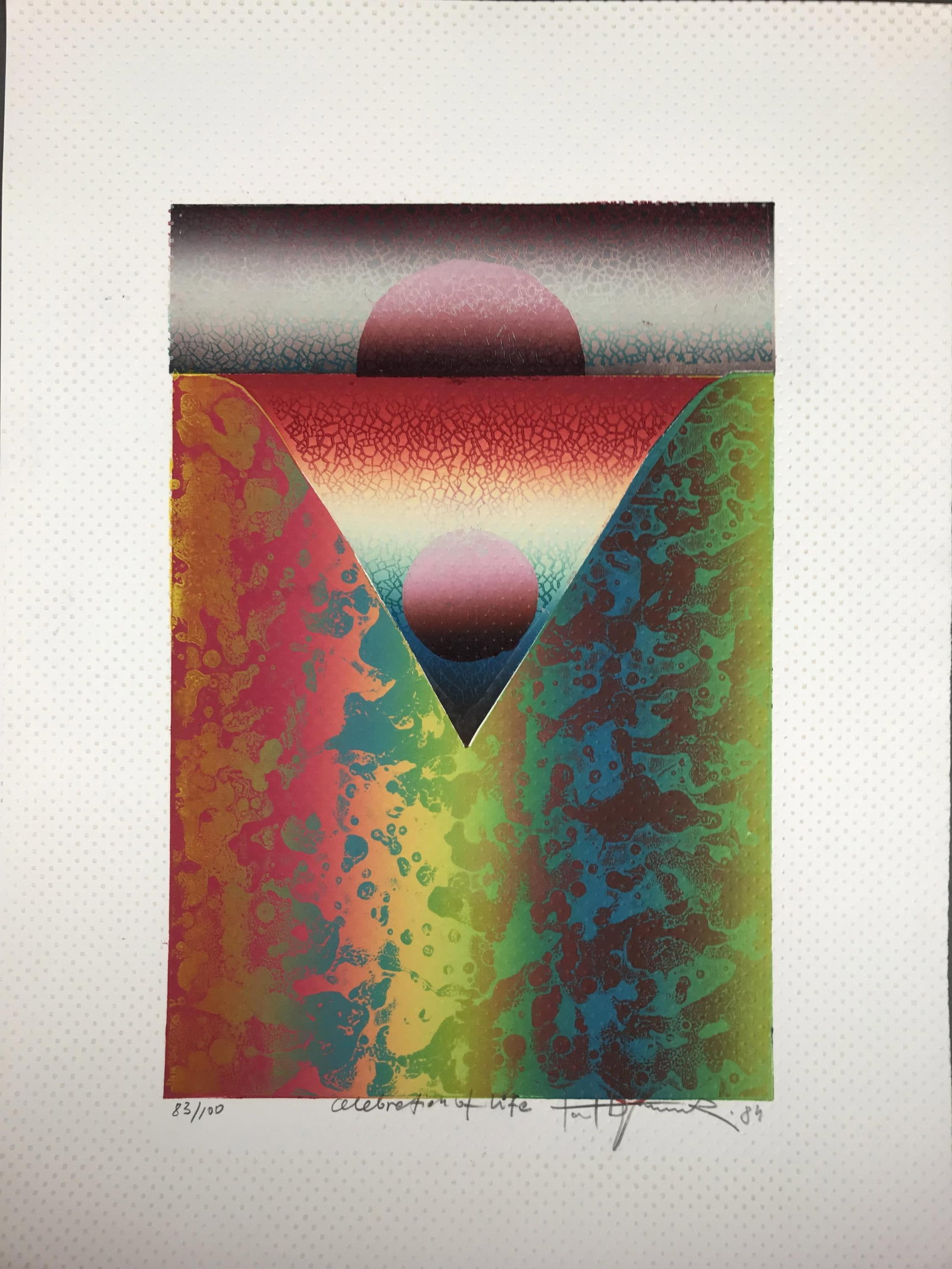 Folio of 4 1984 Patron of the Arts Club Prints: A folio of 4 original prints from the Art Fair Patron of the Arts Club. ++ Lapinski, Tadeusz (Polish 1928 - 2016). "Celebration to Life". 1984. Lithograph. Signed and editioned. 83/100. 15" x 20". ++