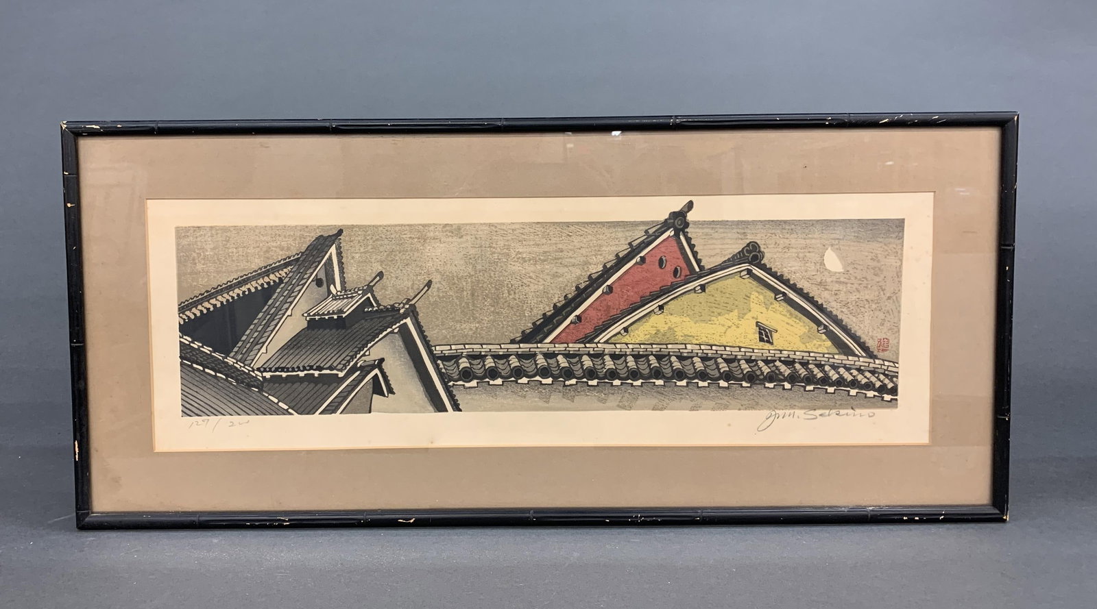 Jun'ichiro Sekino, "Moon at Nara," woodblock print: Jun'ichiro Sekino (Japanese, 1914-1988, "Moon at Nara." Woodblock print. Edition 129/200. Stamp l.r. Signed and edition in pencil. Red Lantern Shop, Kyoto label on verso. Sight: 7 1/2" x 23 1/2" Frame