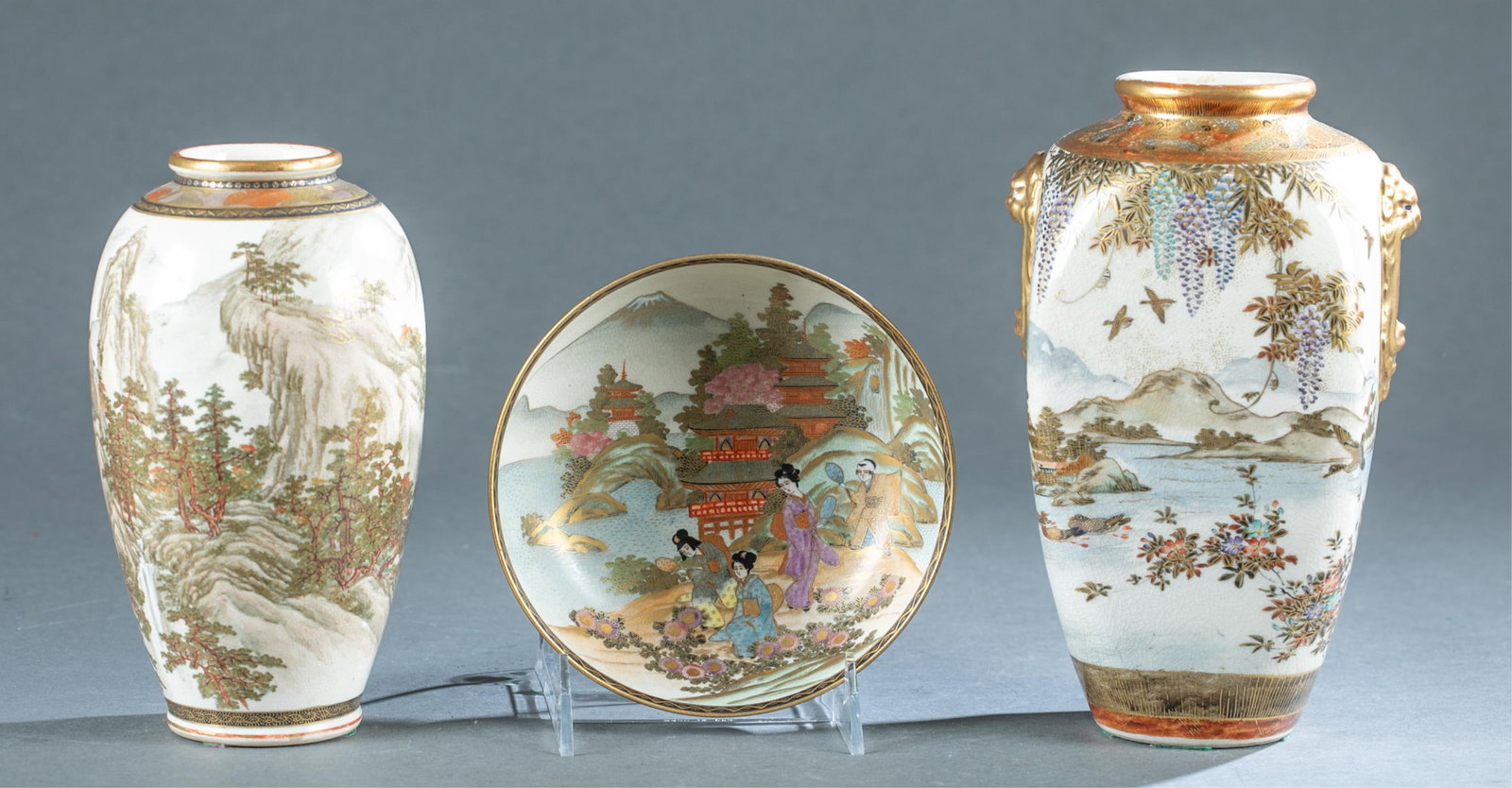 3 Japanese Satsuma pieces.: A group of three Japanese Meiji Satsuma parcel gilt pieces, Circa 1900. All marked, one mark illegible. Largest: 9" x 5 1/4" and Smallest: 2 1/4" x 6".