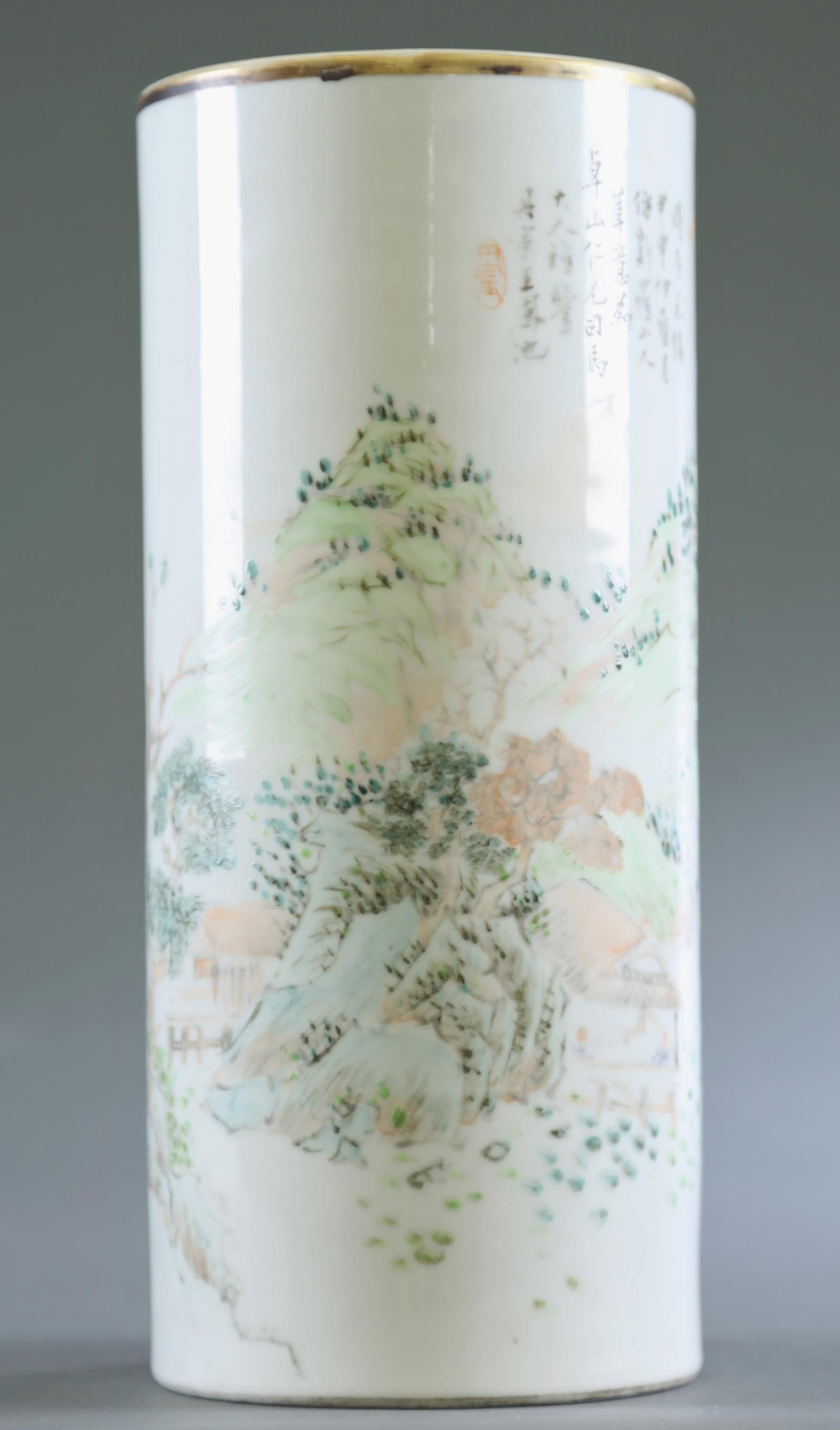 Chinese porcelain brush pot, attrib. Wang Fengchi.: A Chinese porcelain brush pot. Attributed to Wang Fengchi. with Wang Fengchi inscription. Depicting a scene of peaceful countryside. Unsigned. Comes with a culture relic wax seal. 11 1/4" x 4 7/8".Con