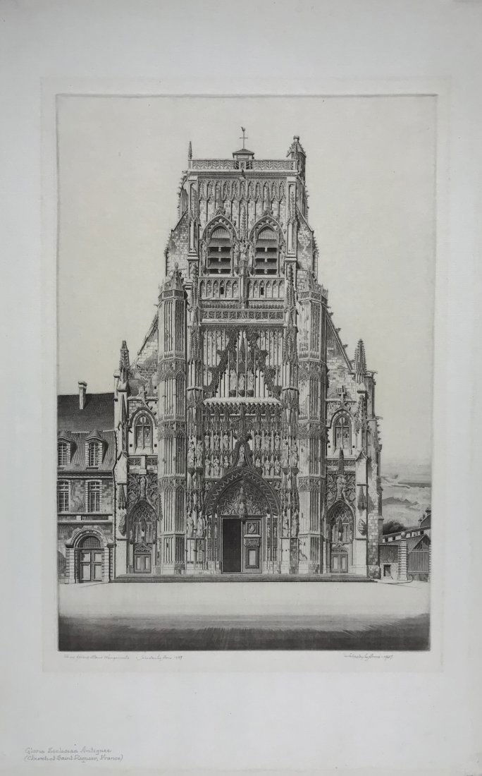 John Taylor Arms, "Gloria, Saint Riquier", 1937: Taylor Arms, John (American 1887-1954) "Gloria, Saint Riquier". 1937. Etching. Signed and dated l.r. Dedicated l.l. "To my friend Stow Wengenroth -John Taylor Arms, 1939." Titled on l.l. of sheet. Pri