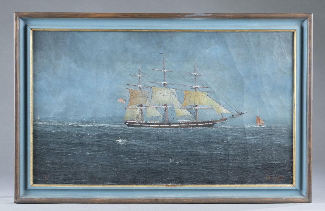 Robert F. Lie, Ship, 1944, O/C.: Lie, Robert F. (American, 1899-1980). A three-masted ship. 1944. Oil on canvas. Signed l.r. Sight: 12 3/4" x 21 1/2". Frame: 15 3/4" x 24 1/2". Provenance: Estate of Arthur S. Welch