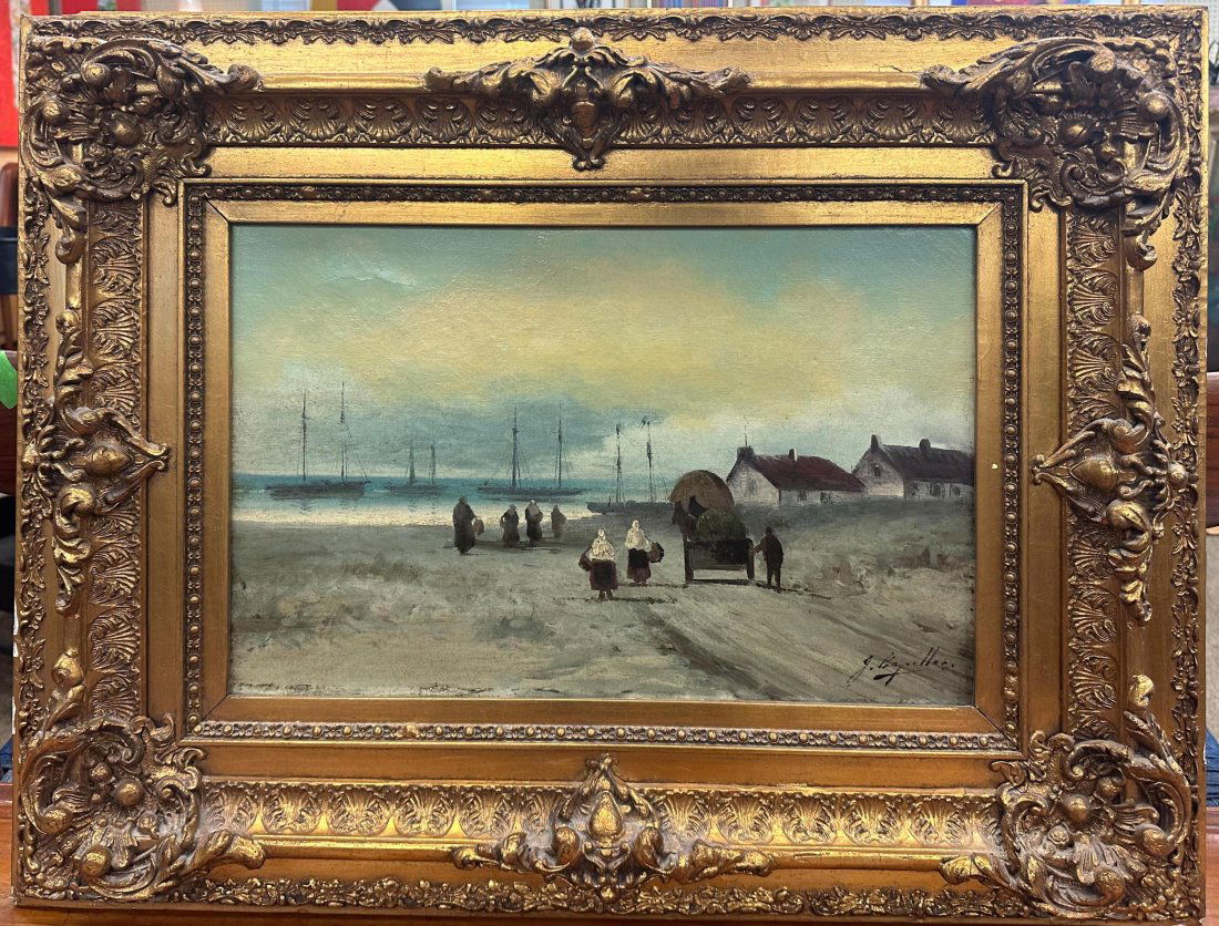 Continental costal scene, signed "J. Capellae?": An oil on canvas of a Northern Continental costal scene with figures walking towards boats moored just offshore. 19th century. Signed l.r. â€œJ. Capellae?”. Painting relined. framed in an or