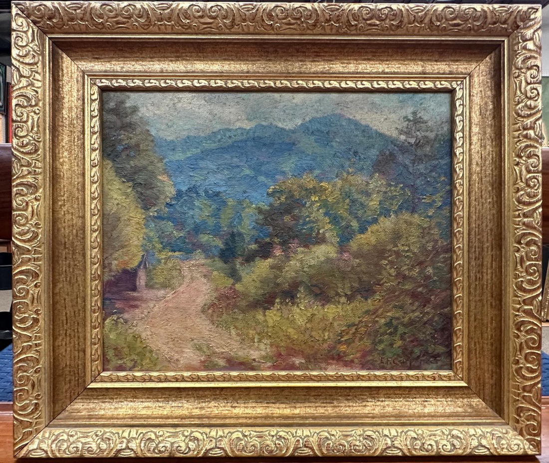 American impressionist landscape.: An American impressionist landscape "Mountain Road". First half 20th century. Singed l.r. "E.F.Carp. . . .” Signature possibly reads, E.F. Carpenter. In a newer, late 20th century frame. Canvas: