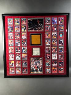 Signed Michael Jordan Photograph with Piece of 1987-94 Chicago Bulls Hardwood Floor: Framed Autographed Michael Jordan Photograph with 6 x 6 piece of the Chicago Bulls' floor used in Chicago Stadium from 1987 to 1994. COA from The Chicago Bulls and Robbins Sports Surfaces. It is certi