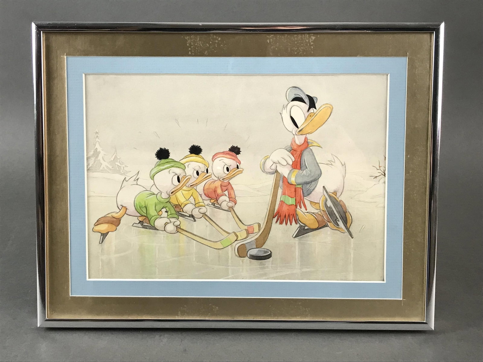 Donald Duck Good Housekeeping Illustration, 1939: [pop]The Hockey Champ Donald Duck Good Housekeeping Original Illustration. 1939. Walt Disney. Gouache illustration prepared for the March 1939 issue of Good Housekeeping. Framed: 9" x 6". Condition: N