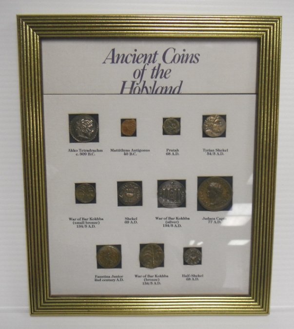 Framed Ancient Coins of the Holyland.: Framed Ancient Coins of the Holyland. Includes Akko Tetradrachm, Mattithyas Antigonus, Prutah, Tyrian Shekel, War of Bar Kokhba (small bronze), Shekel 68 AD., War of Bar Kokhba (silver), Judaea Capta,