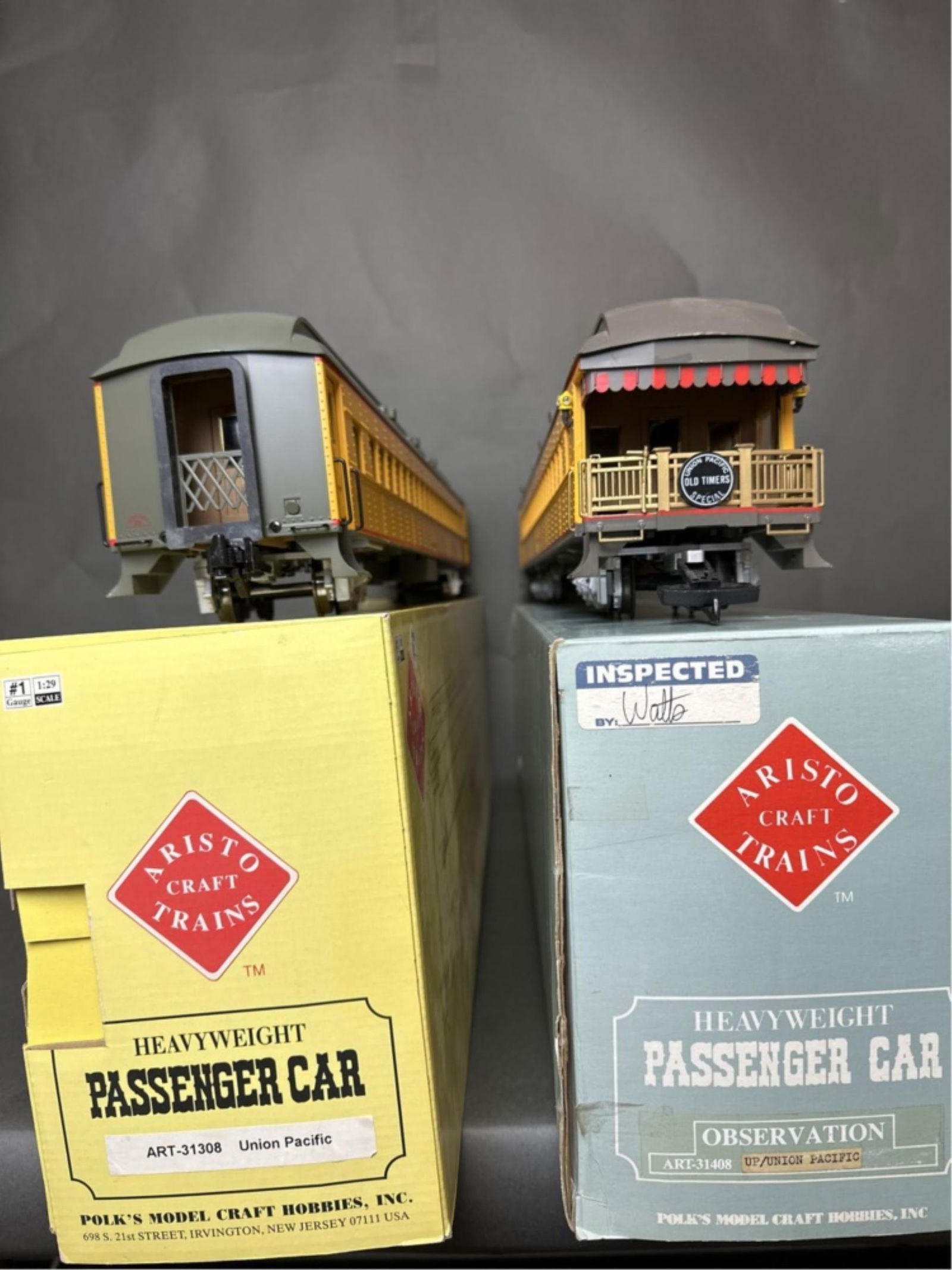 Aristo craft heavyweight coach and observation car: Aristo craft heavyweight coach and observation cars (2 total) - Union Pacific ART 31308 and 31408 Car numbers are 1308 - Council Bluffs (coach) and 1408 - Sherman Hill (observation); both come with or