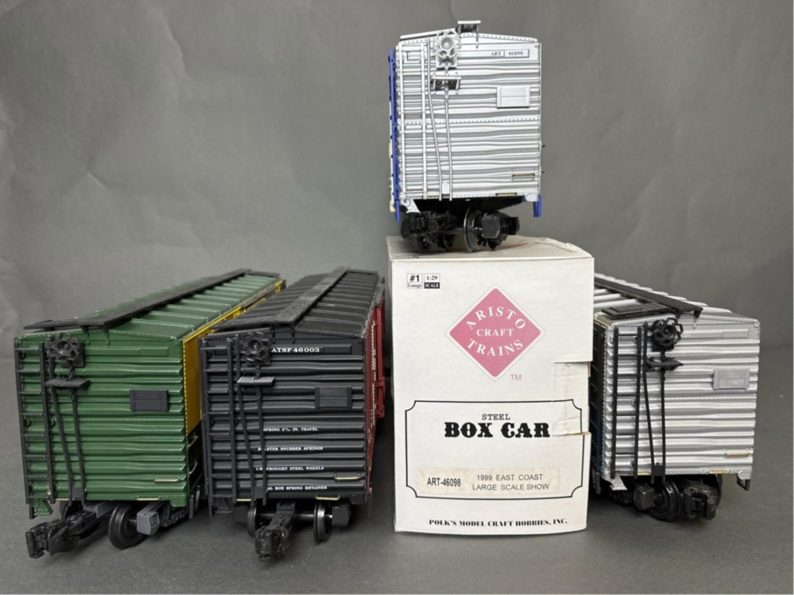 Aristo craft box cars (4 total) - Rutland, ATSF, G: Aristo craft box cars (4 total) - Rutland, ATSF, Garden State, and Baltimore + Ohio - ART 46001, 46003, 46098, and 46008 Car numbers all match the respective ART number; only 46098 comes with original