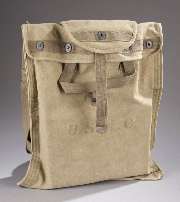 WWII era US Marine Corps canvas water bag.: WWII era US Marine Corps canvas water bag. c.1944. With latex insert & internal spicket. Marked 1944.
