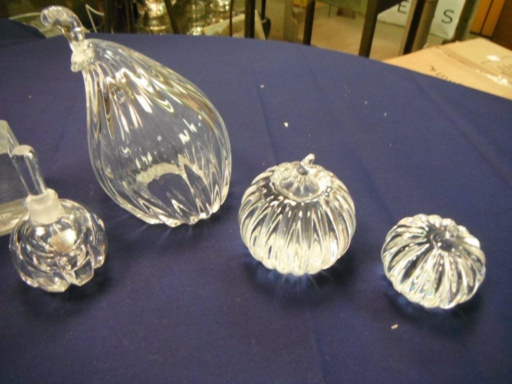 Lot of various crystal pieces incl 1 Baccarat: Lot of various crystal pieces incl 1 Baccarat paperweight, 2 Steuben glass pumpkins, glass quail, Orrefors perfume container.