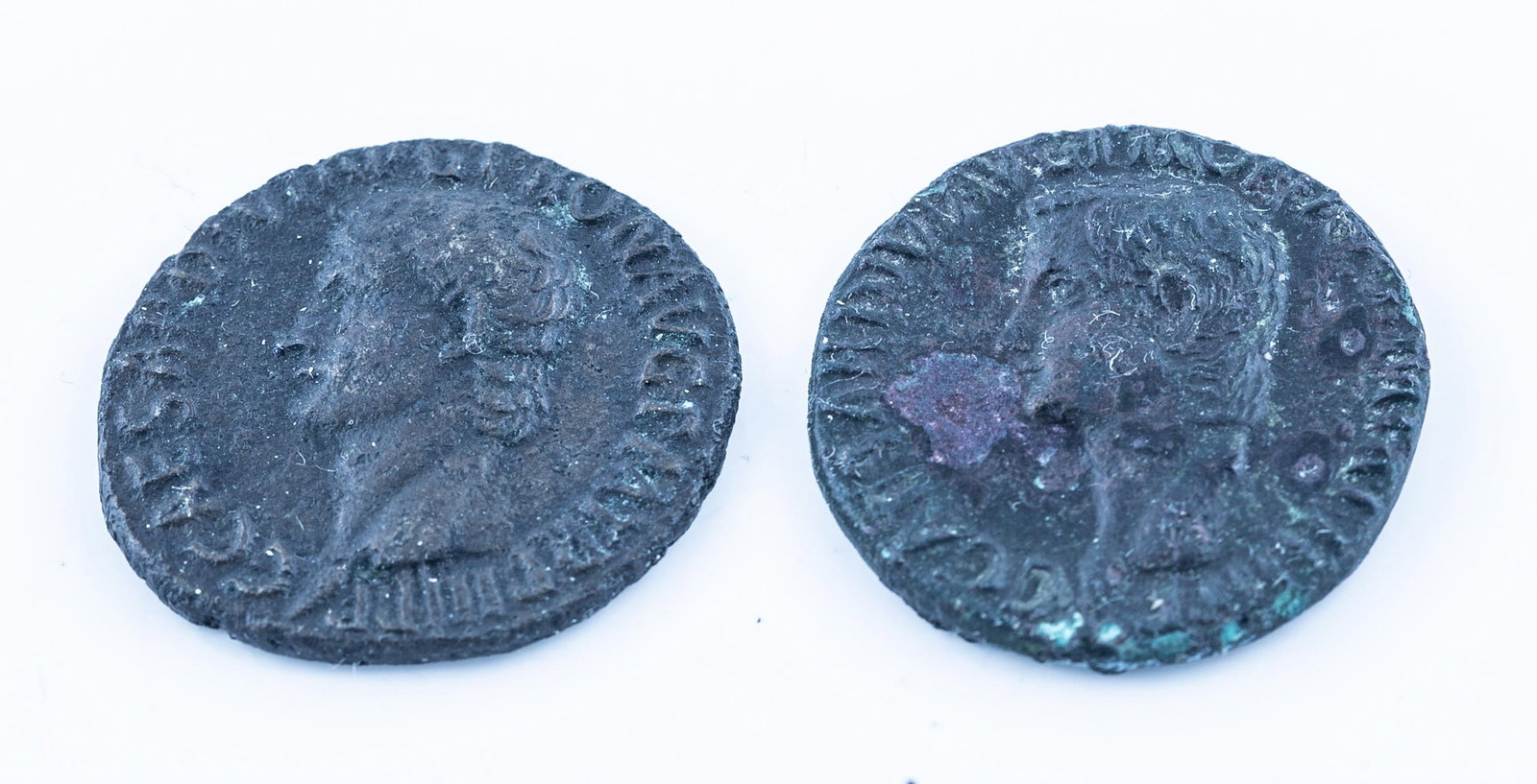 Roman Empire Caligula AE As: A Roman Empire Caligula bronze As. Circa 37-41 CE Obverse: Bare head left. Reverse: Vesta seated left holding patera and scepter. 9.5g and 19.7g. Fine to Very Fine condition.