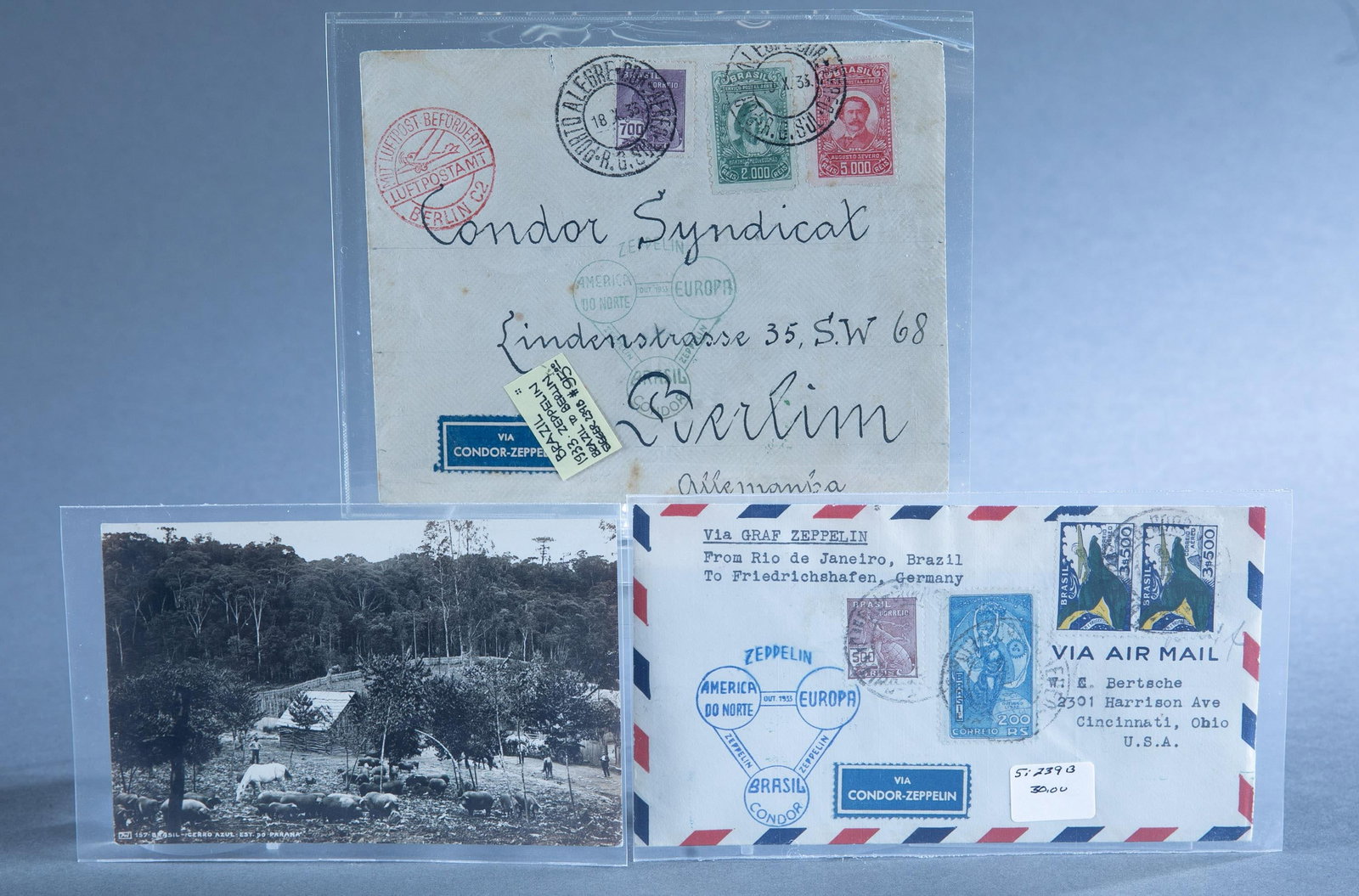 3 LZ-127 Brazil Graf Zeppelin Condor covers: A group of three LZ-127 Graf Zeppelin Condor covers.++ Two Oct. 14, 1933 Brazil-America flight via Condor covers to Cincinnati and Berlin. ++ Postcard Aug 5, 1933 Brazil-Europe flight to Holland