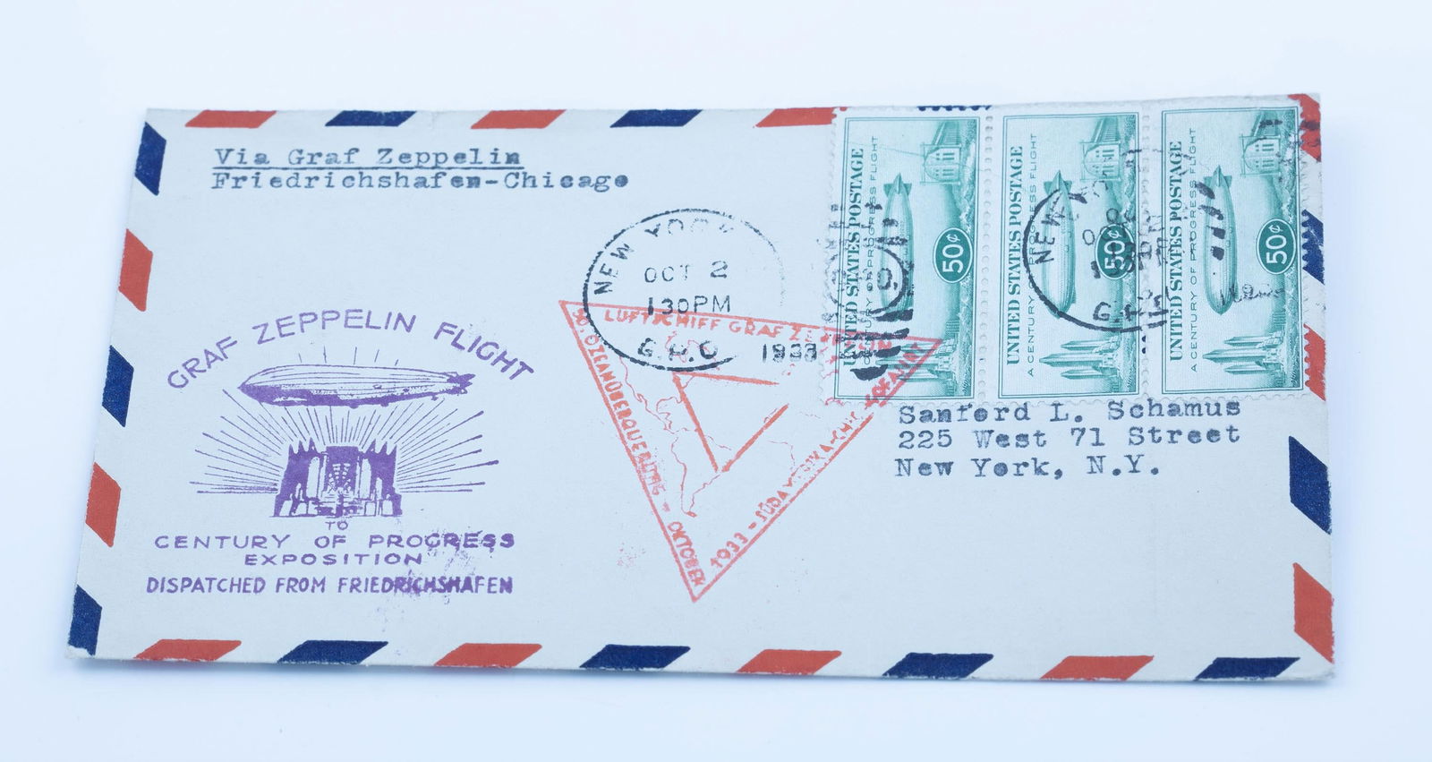 1933 LZ-127 Century of Progress cover: An October 2nd 1933 LZ-127 Graf Zeppelin Century of Progress cover. Friedrichschafen to New York. Three cancelled C18 stamps.