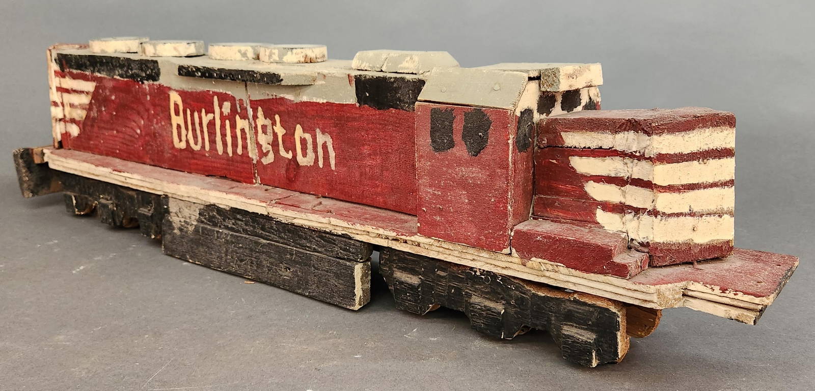 Folk Art Carving Of "burlington" Train Engine. Auction