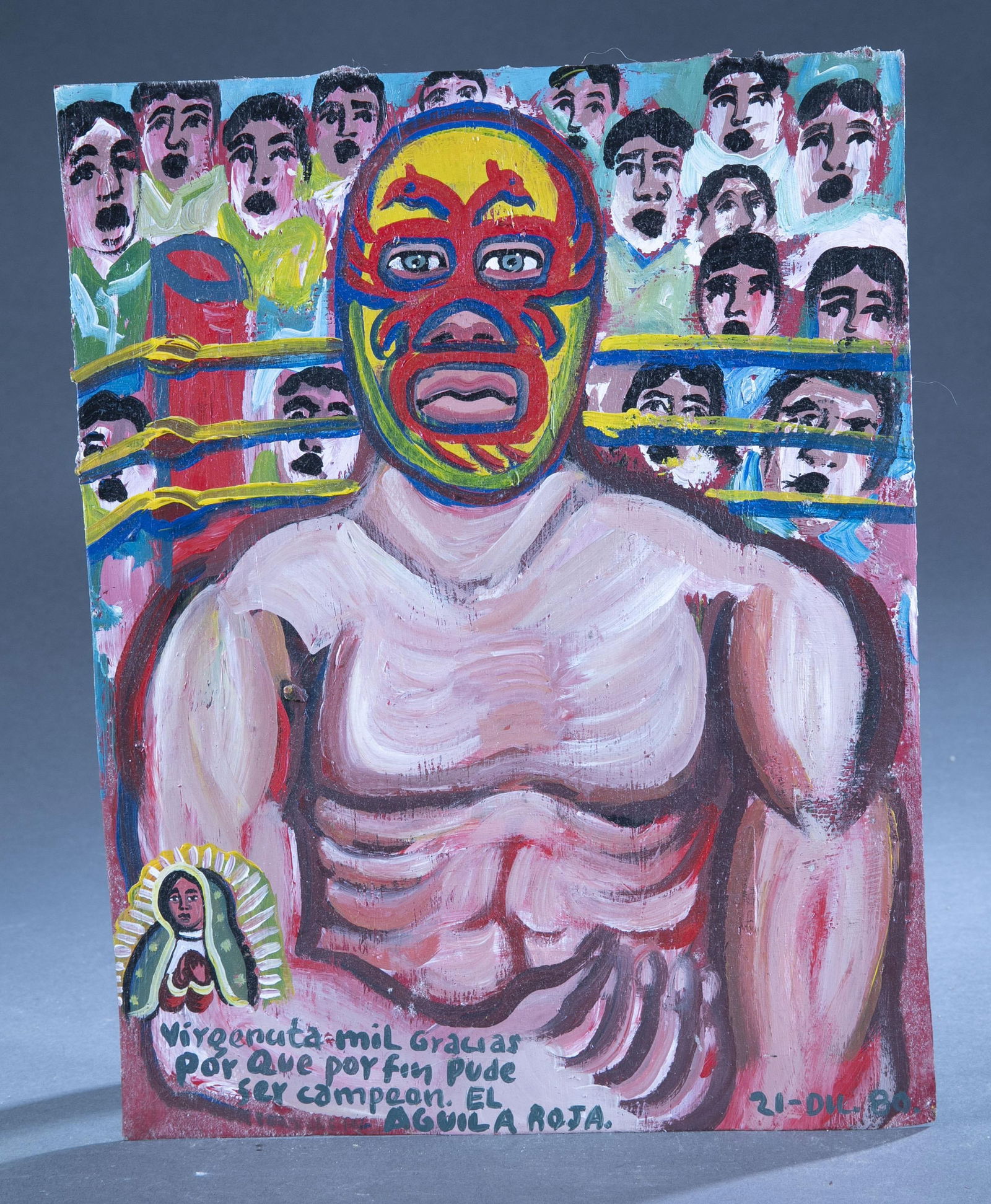 David Mecalco, El Aguila.: David Mecalco (Mexico, b. 1963) Painting on metal of wrestler El Aguila. 15 1/4" x 11 1/4".Provenance: The Pete Cecere Folk Art Collection.