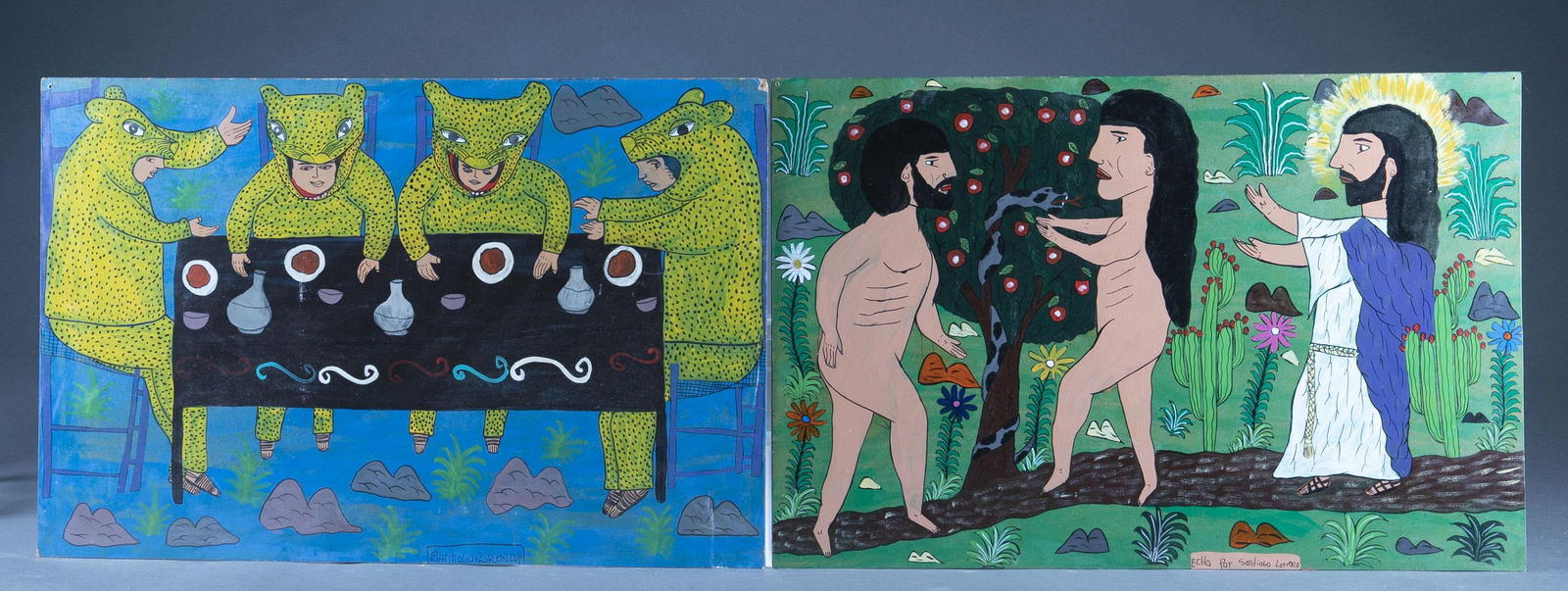 Lorenzo, 2 Paintings, A/B.: Lorenzo, Lucas (Mexico, 20th/21st century). A group of two paintings. Acrylic on board. Signed. 15 3/4" x 23 3/4".Provenance: The Pete Cecere Folk Art Collection.