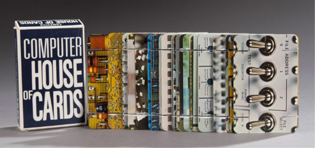 Charles Eames computer house of cards, IBM.: A set of Charles Eames for IBM computer house of cards. 44 cards in the deck. 1970. With original box and booklet. Card: 3 1/2" x 2 1/4".