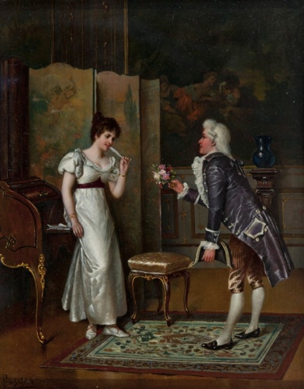 After Alois Priechenfried, romantic figural scene.: After Alois Priechenfried (Ger., 1867-1953). Romantic figural scene with flowers. Oil on panel. Signed at l.l., "Priechfried". Elaborate gilt wood and gesso frame. 12" x 10". Frame: 17 3/4" x 16".