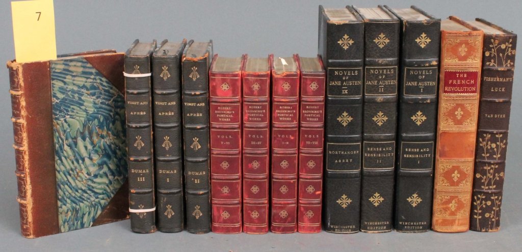 6 Books (13 Vols): Browning, Dumas, other authors.: [Literature/French Revolution]. 6 Titles (13 Vols). Vp:vp. ++ Henry van Dyke. FISHERMAN’S LUCK: And Some Other Uncertain Things. 1899. Several plates. Half brown morocco by R. W. Smith. Edgewear, ti