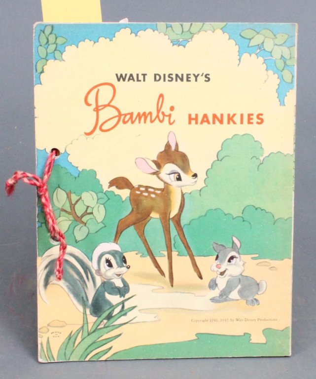 Walt Disney's Bambi Hankies. (1942).: [Disney]. WALT DISNEY’S BAMBI HANKIES. (Disney, 1942). 8vo. [4] ff, including printed front and rear covers. Unbound, secured with tie to inner edge. 4 printed handkerchiefs (Thumper, Baby Bambi, Fl