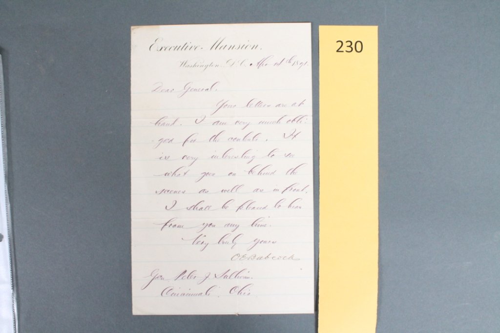 Orville E. Babcock. LS. Apr. 14, 1871.: [Civil War Officer]. Orville E. Babcock. LS to Gen. Peter J. Sullivan. Signed “OE Babcock.” Text in secretarial hand on stationery printed with heading “Executive Mansion/ Washington, D.C.” Ap